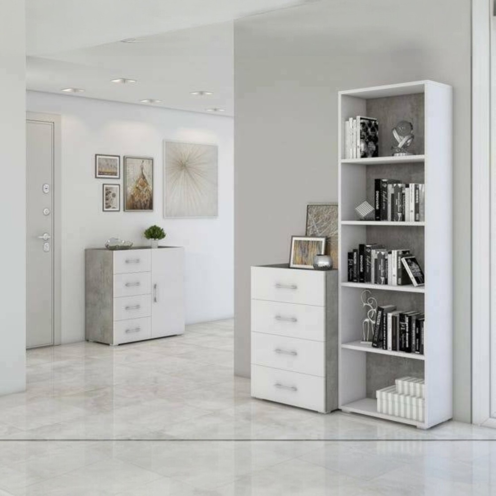 Libreria Allevien, Biblioteca a 4 ripiani regolabili, Scaffale per libri, Mobile da parete con ripiani, Made in Italy, Cm 60x30h195, Bianco e Cemento