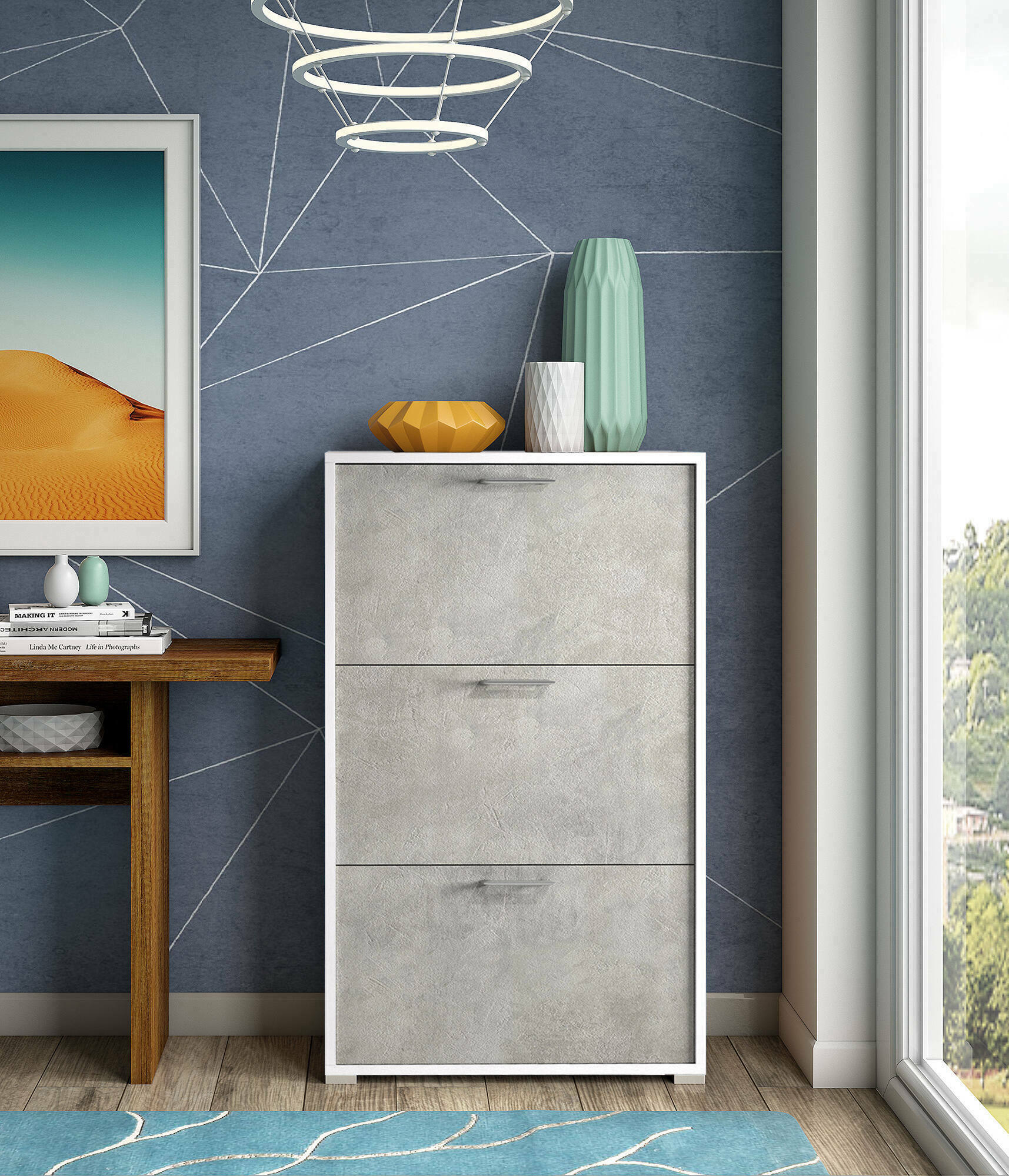 Scarpiera Amelisa, Mobile multiuso da ingresso con 3 ante a ribalta, Armadietto portascarpe moderno, Made in Italy, Cm 67x18h112, Bianco e Cemento
