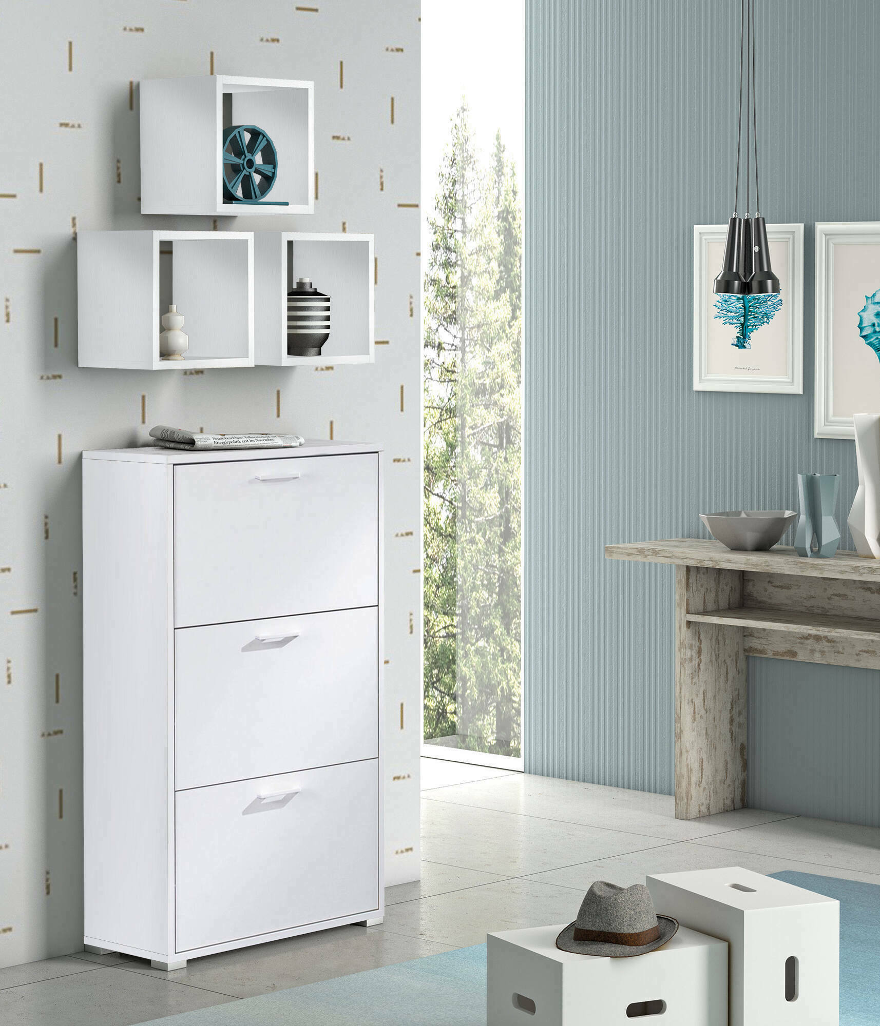Scarpiera Axinite, Mobile multiuso da ingresso con 3 ante a ribalta, Armadietto portascarpe a doppia profonditÃ , Made in Italy, Cm 67x28h112, Bianco