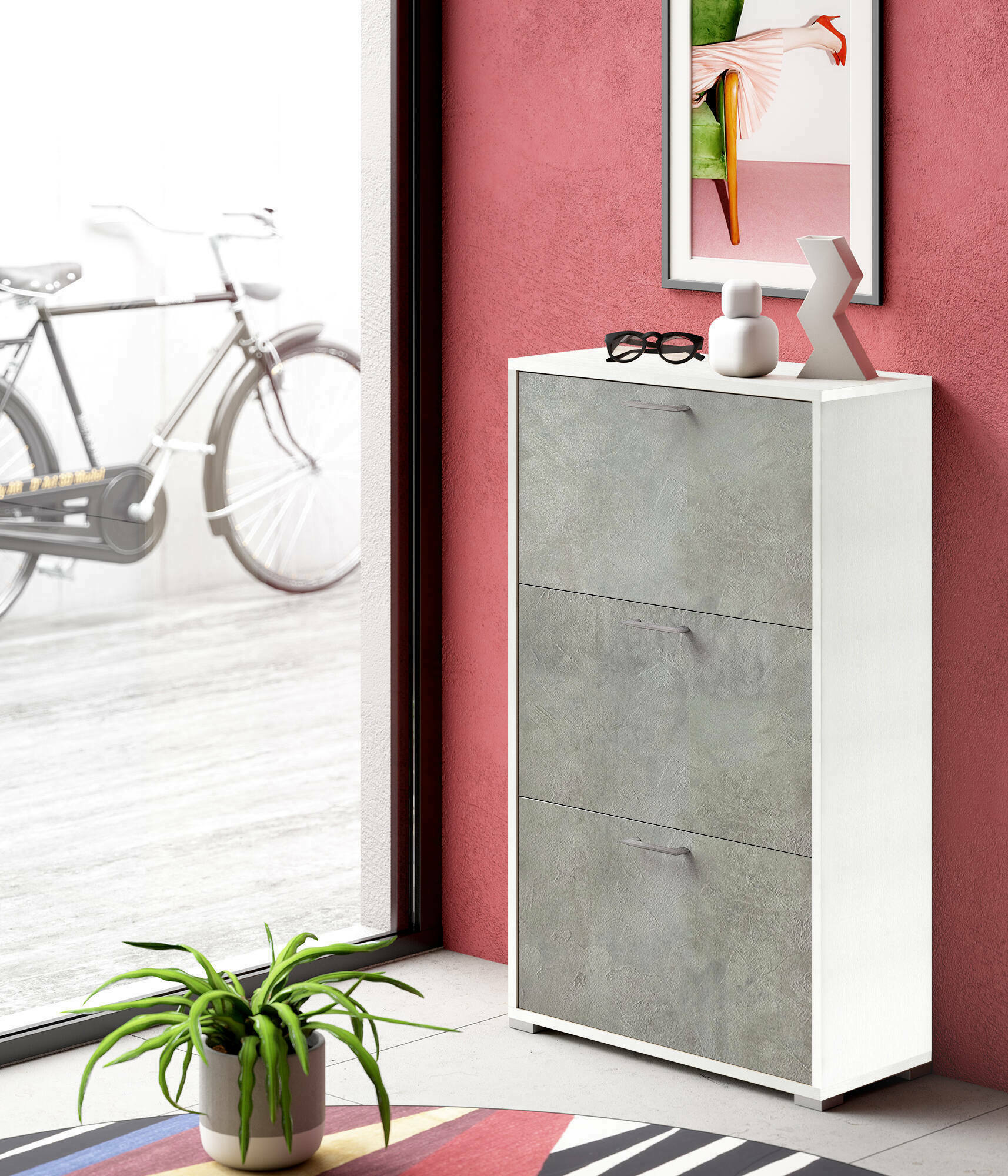Scarpiera Axinite, Mobile multiuso da ingresso con 3 ante a ribalta, Armadietto portascarpe a doppia profonditÃ , Made in Italy, Cm 67x28h112, Bianco e Cemento
