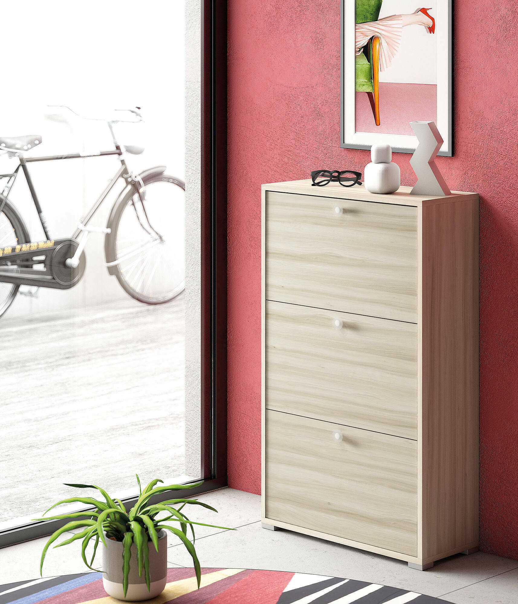 Scarpiera Axinite, Mobile multiuso da ingresso con 3 ante a ribalta, Armadietto portascarpe a doppia profonditÃ , Made in Italy, Cm 67x28h112, Olmo
