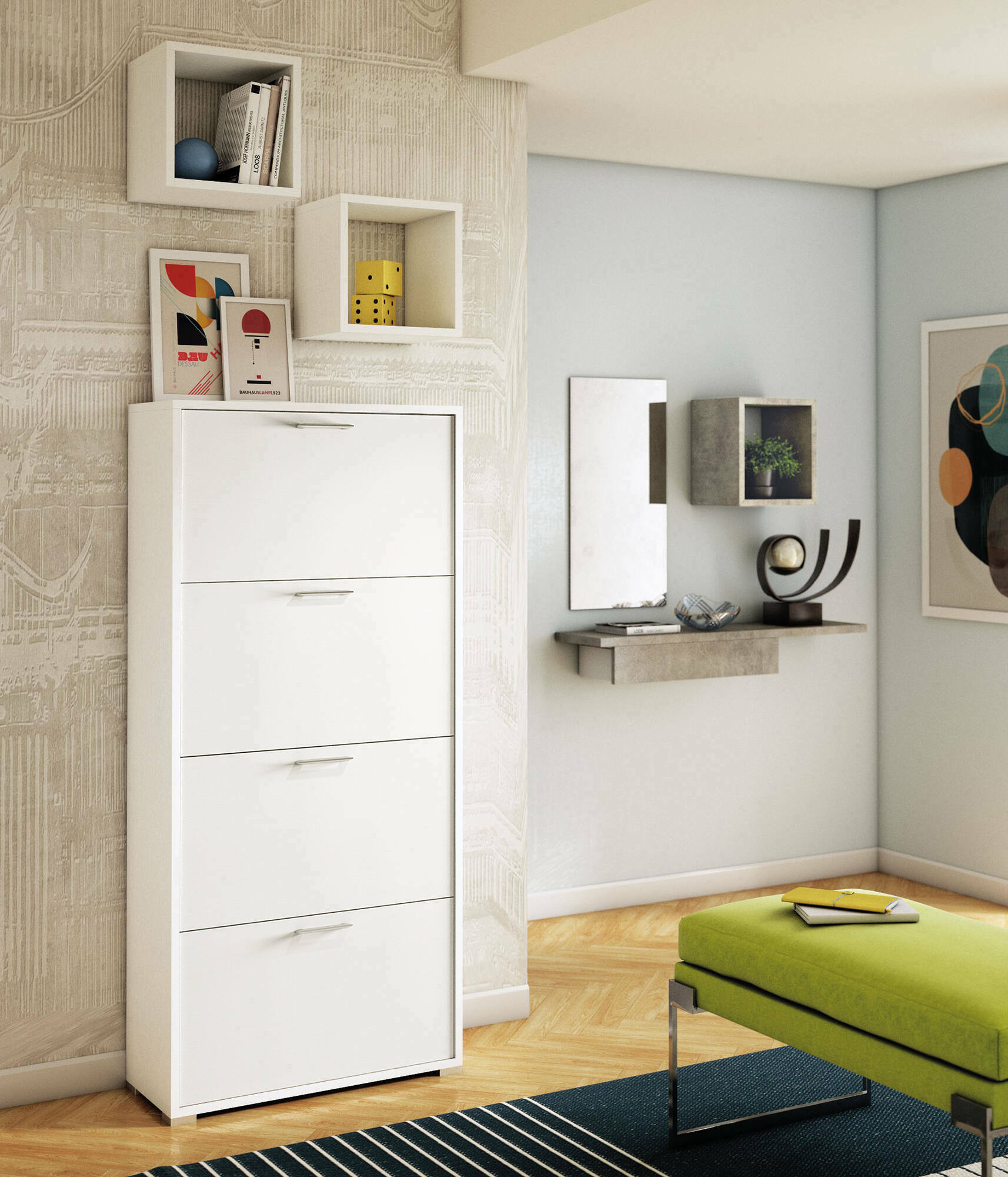 Scarpiera Adeindein, Mobile multiuso da ingresso con 4 ante a ribalta, Armadietto portascarpe a doppia profonditÃ , Made in Italy, Cm 67x28h147, Bianco