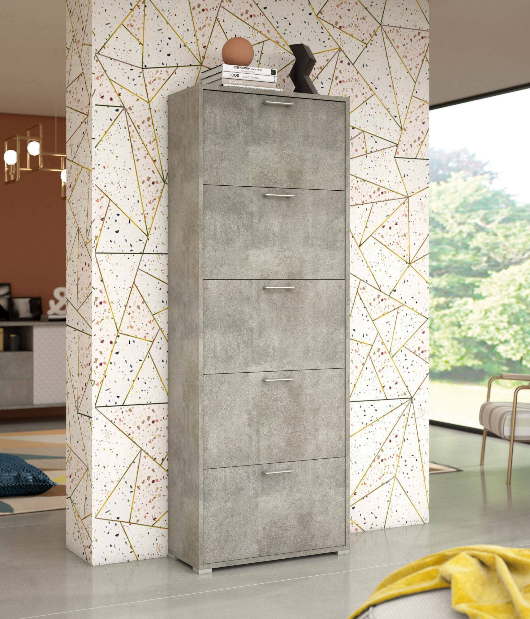 Scarpiera Anina, Mobile multiuso da ingresso con 5 ante a ribalta, Armadietto portascarpe a doppia profonditÃ , Made in Italy, Cm 67x28h183, Cemento