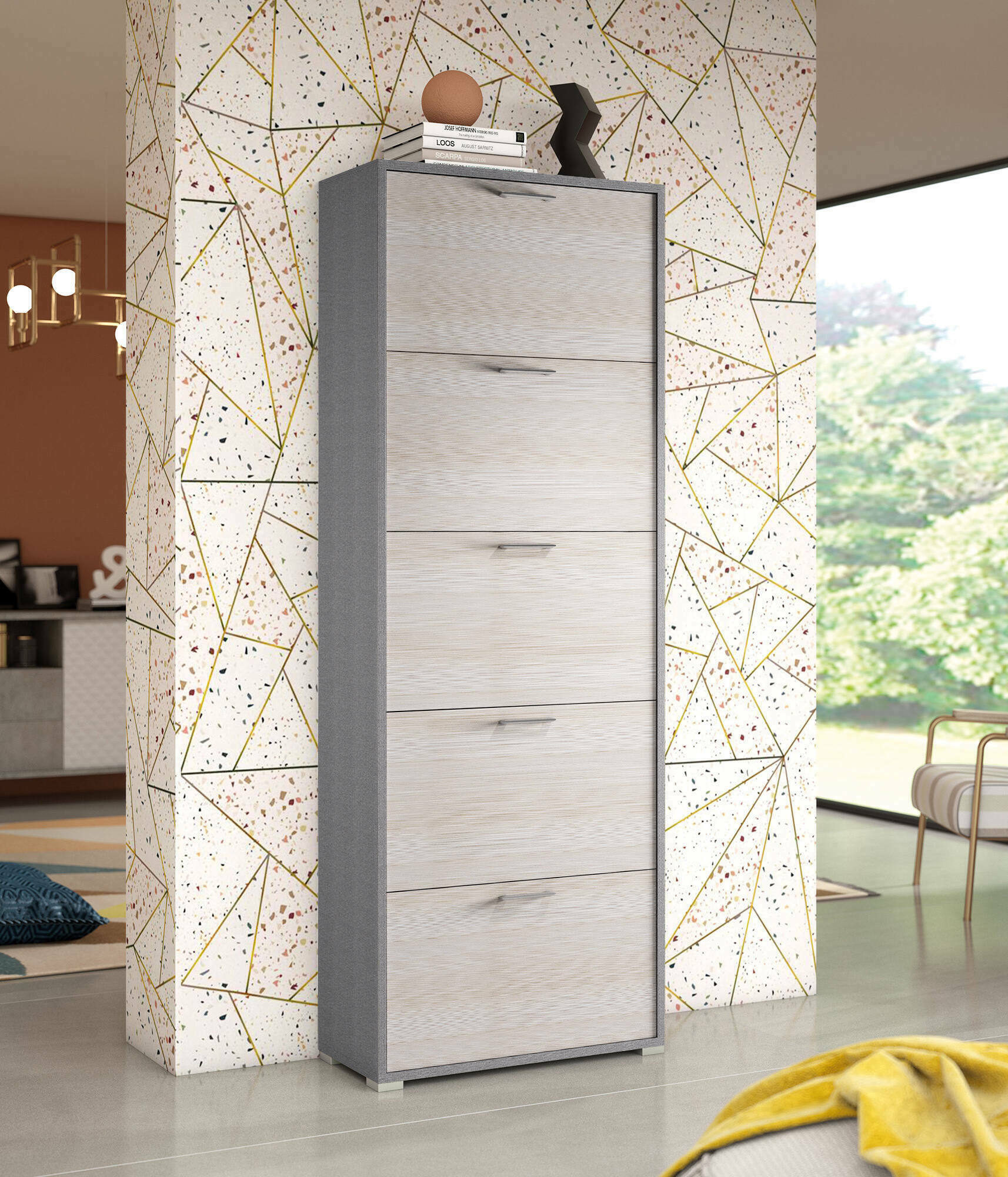 Scarpiera Anina, Mobile multiuso da ingresso con 5 ante a ribalta, Armadietto portascarpe a doppia profonditÃ , Made in Italy, Cm 67x28h183, Larice