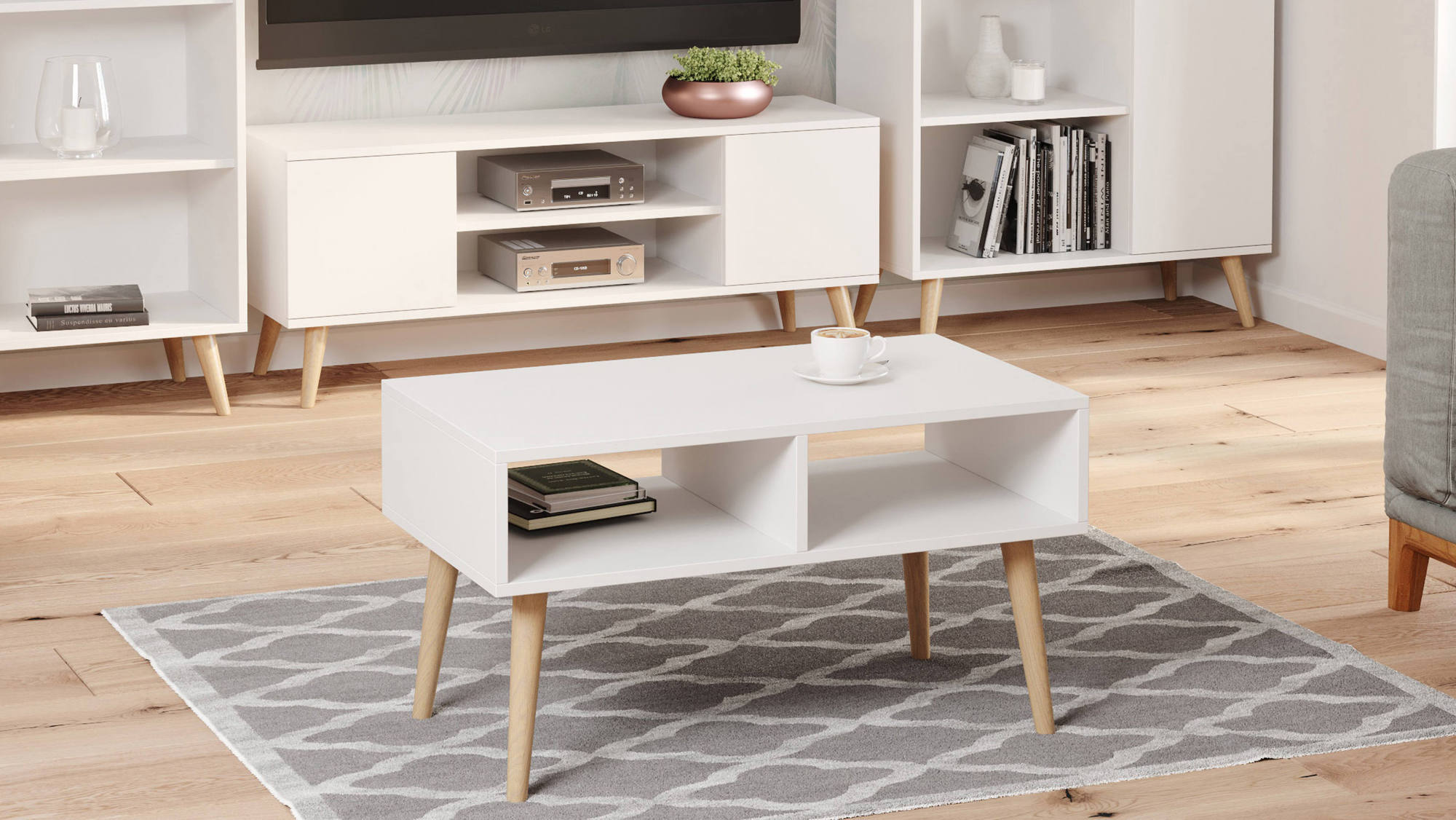 Tavolino basso da Dverr, Tavolino porta riviste con 2 scaffali e piedini, Stile scandi, cm 55x90h55, colore Bianco