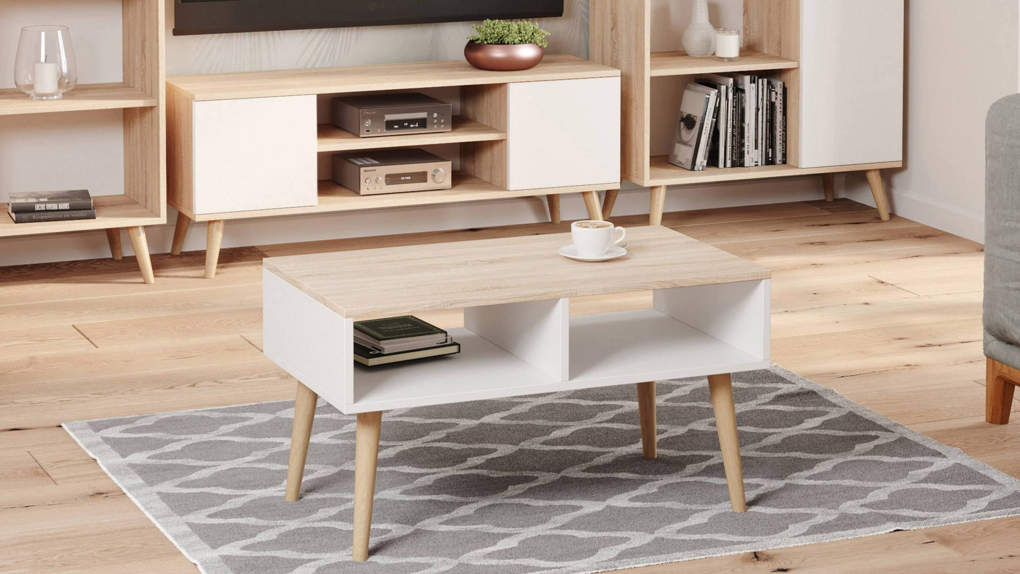 Tavolino basso da Dverr, Tavolino porta riviste con 2 scaffali e piedini, Stile scandi, cm 55x90h55, colore Bianco e Rovere