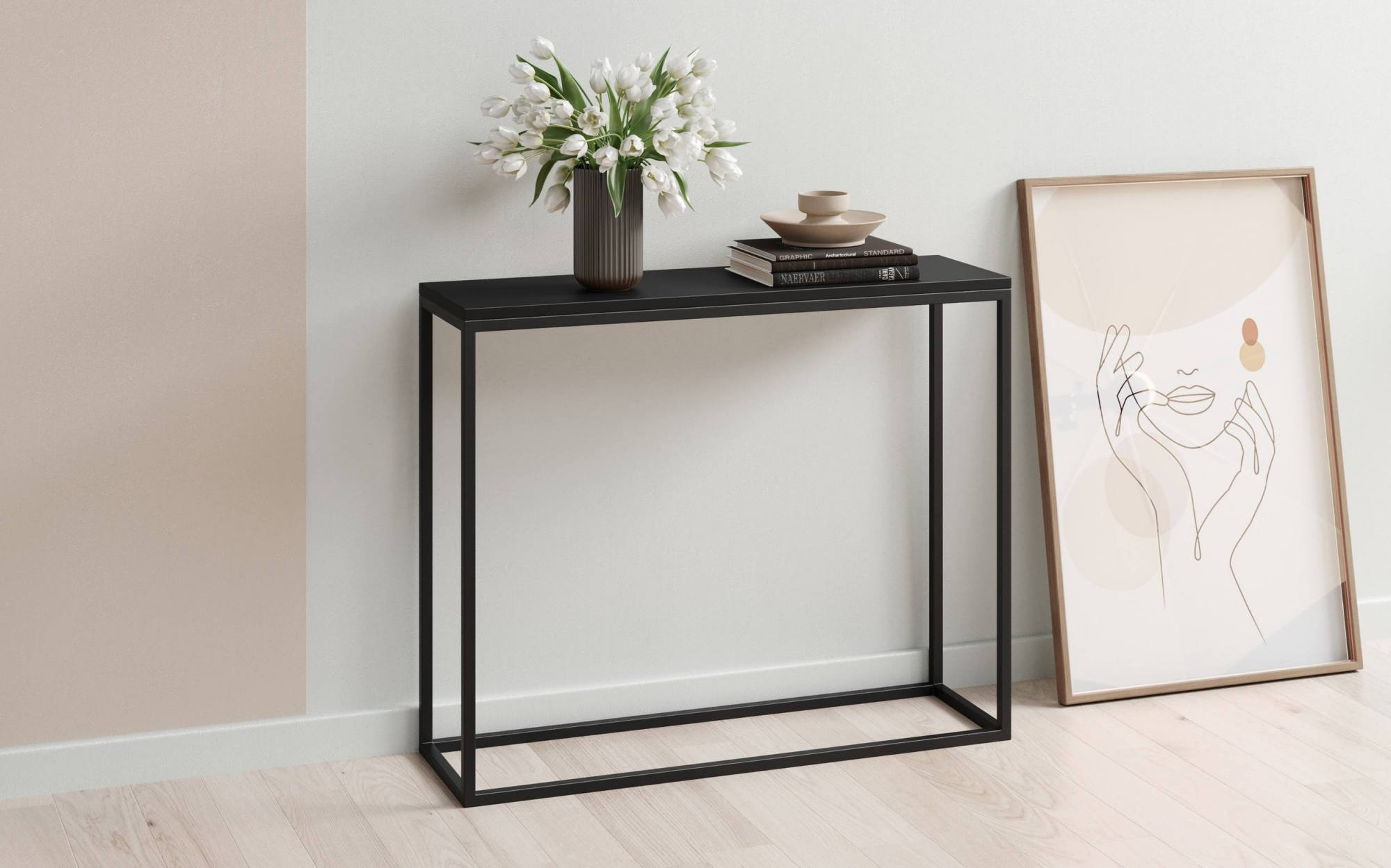 Tavolo alto da Dverzellett, Tavolo ausiliario con gambe in metallo, Consolle rettangolare da bar stile idustrial, cm 100x30h80, colore Nero