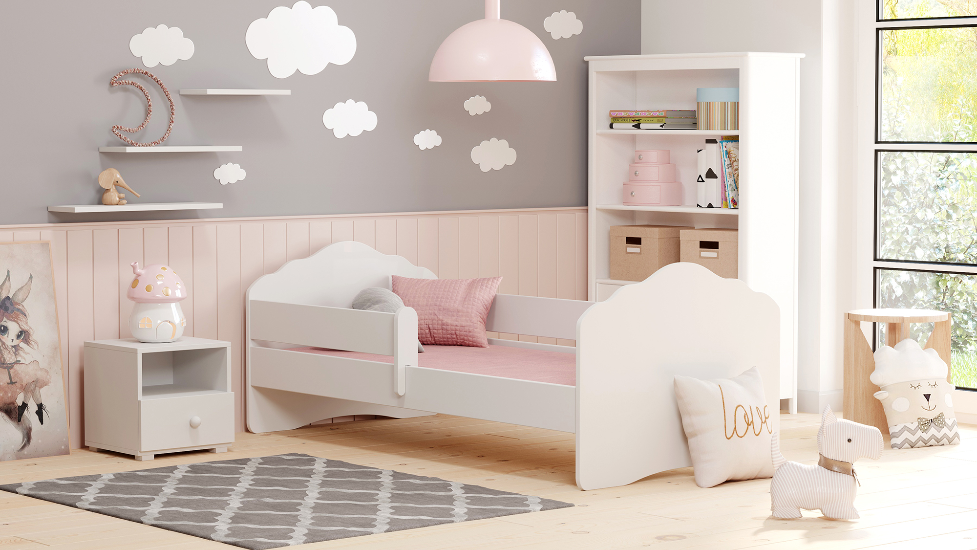 Letto singolo per Dvezzos, Lettino per cameretta, Letto con protezione anticaduta e testiera a "nuvola", cm 164x88h63, colore Bianco