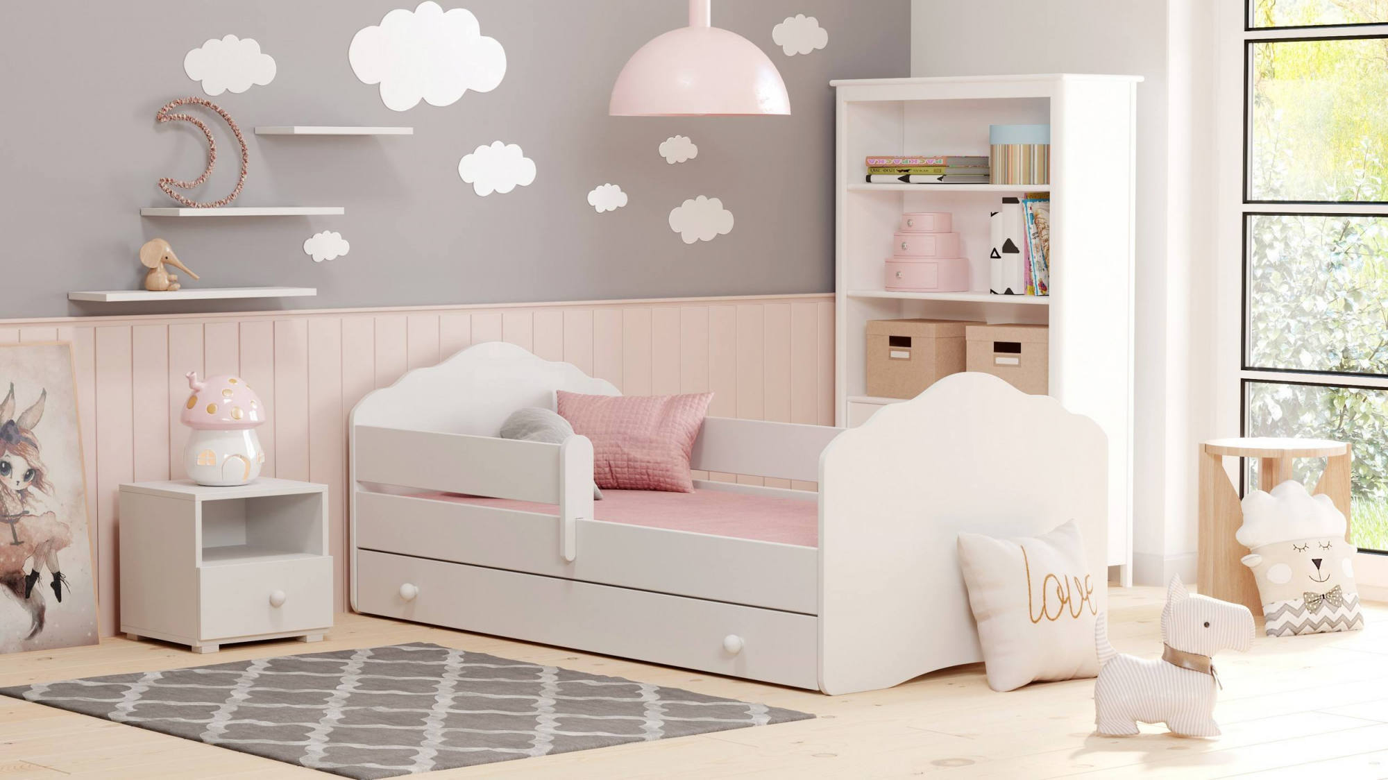 Letto singolo per Dvicar, Lettino con protezione anticaduta e testiera a "nuvola", cm 164x88h63, colore Bianco