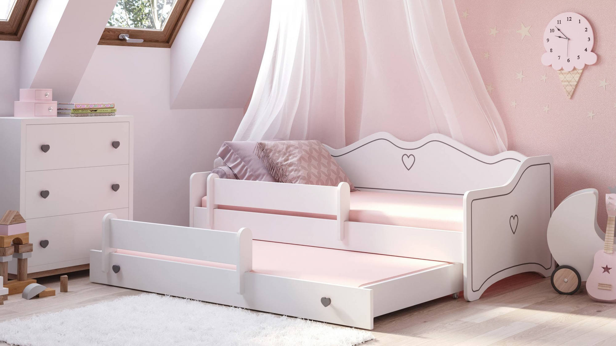 Letto singolo per Dvicchiarell, Divano letto con secondo lettino estraibile, Lettino con decorazione e protezione anticaduta, cm 164x88h70, colore Bianco e Grigio