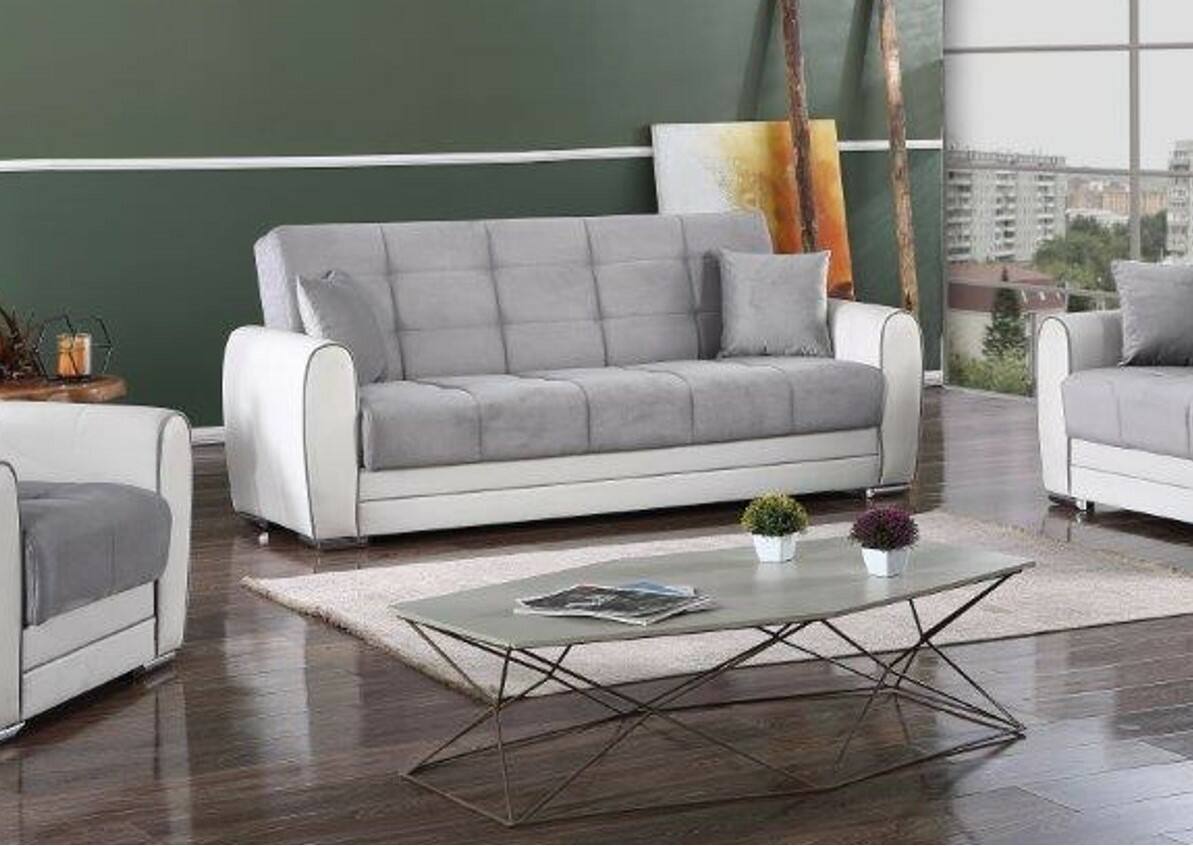 Divano letto Dike, Divano letto contenitore a 3 posti in ecopelle e tessuto, SofÃ  da soggiorno in tessuto imbottito con apertura click-clack, Cm 220x84h91, Bianco e Grigio