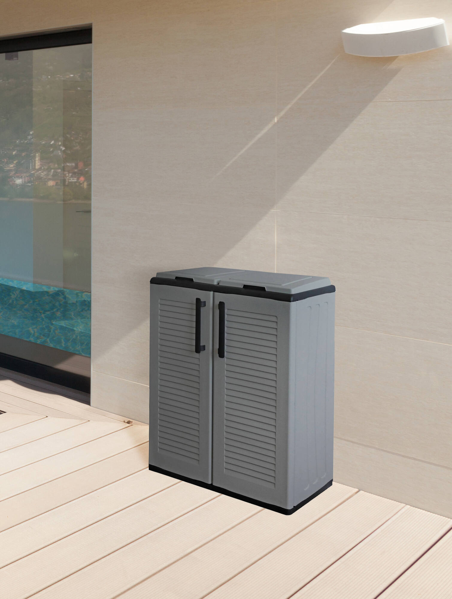Image of Armadio portarifiuti da esterno o Alfrosso, Mobile porta 2 sacchi a 2 ante per raccolta differenziata, 100% Made in Italy, cm 68x37h84, colore Grigio