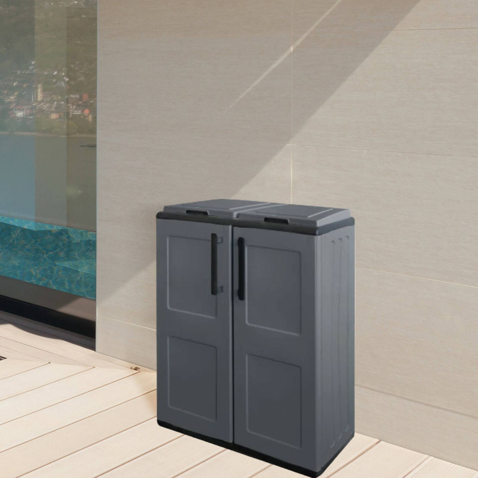 Armadio portarifiuti da esterno o Alfred, Mobile porta 2 sacchi a 2 ante, 100% Made in Italy, cm 68x37h84, colore Grigio