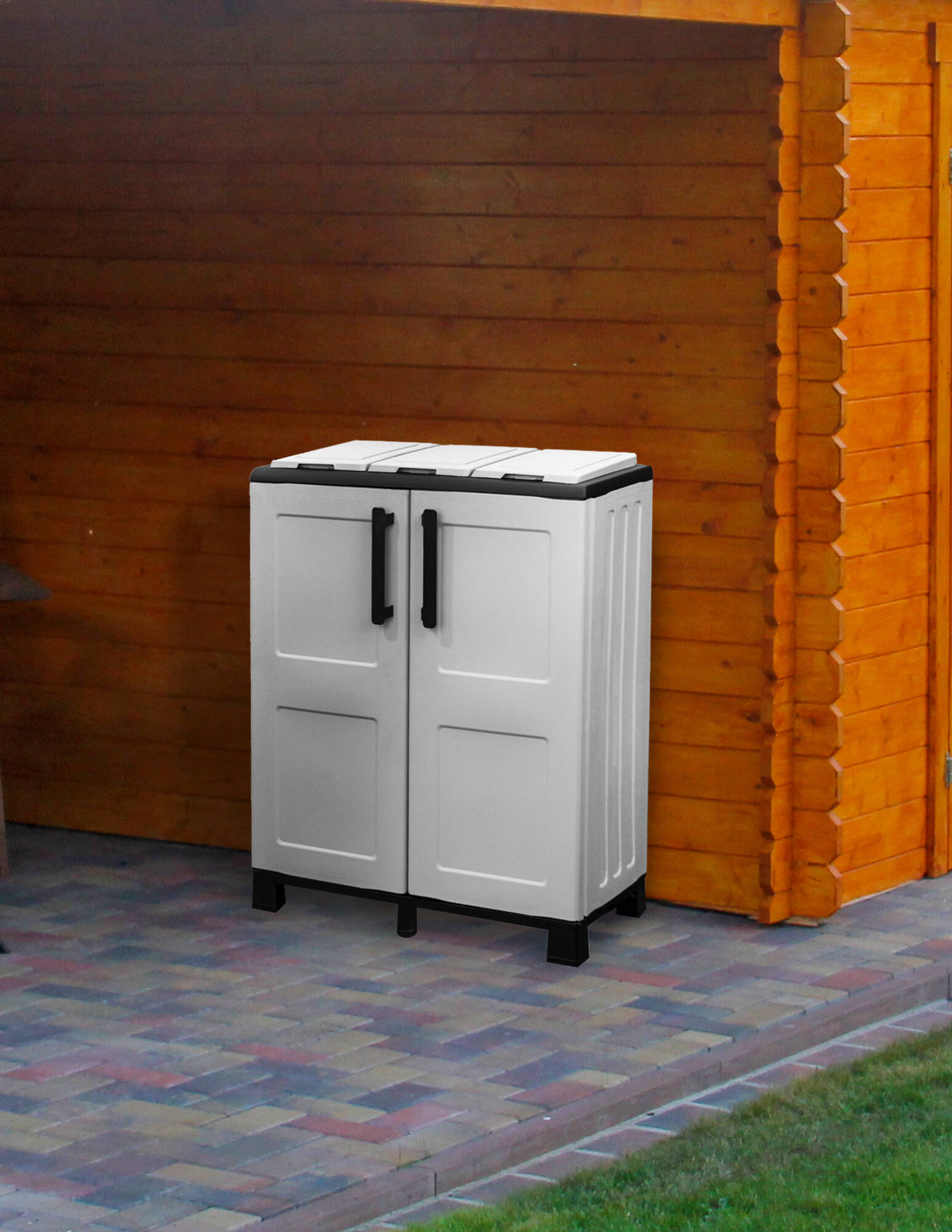 Image of Armadio portarifiuti da esterno o Anthea, Mobile porta 3 sacchi a 2 ante, 100% Made in Italy, cm 68x37h90, colore Grigio chiaro