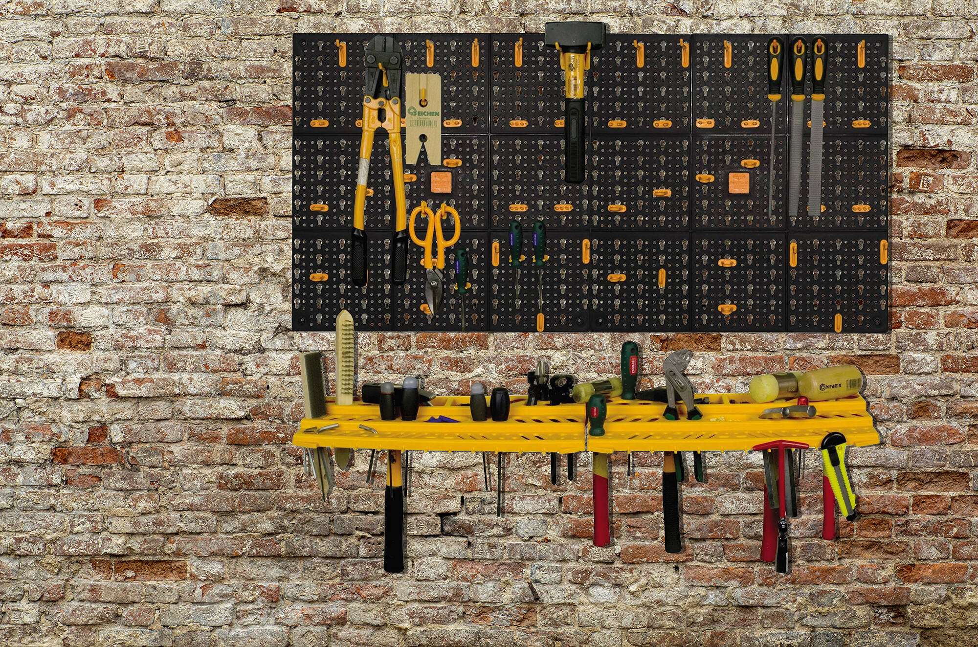 Set di 2 pannelli e 2 mensole portautensili con 50 Domiziana, Organiser porta oggetti da parete, 100% Made in Italy, cm 100x22h50, colore Nero