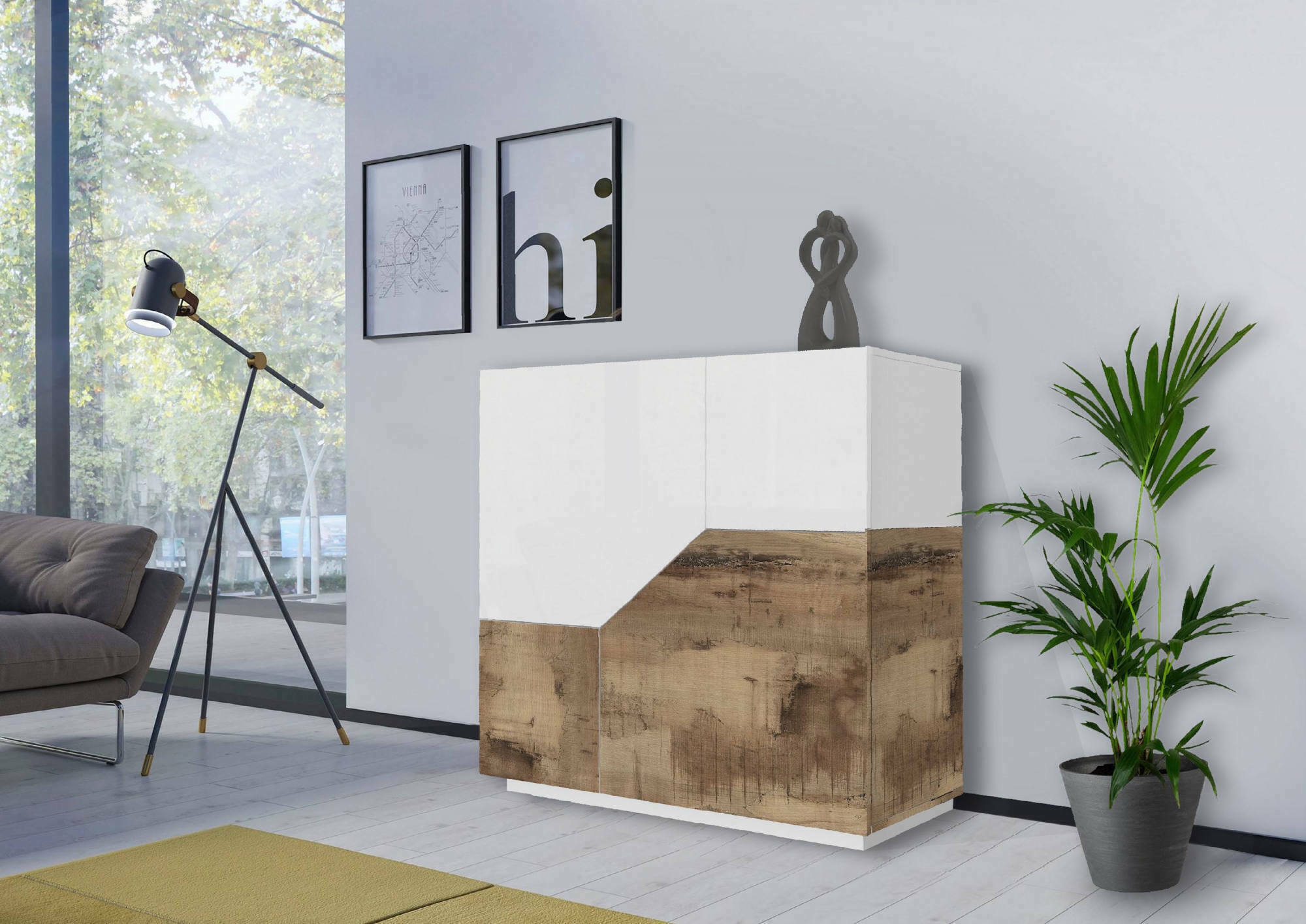 Credenza moderna a 2 ante Amento, Made in Italy, Madia da cucina, Buffet di design da soggiorno, Cm 79x43h86, Bianco lucido e Acero