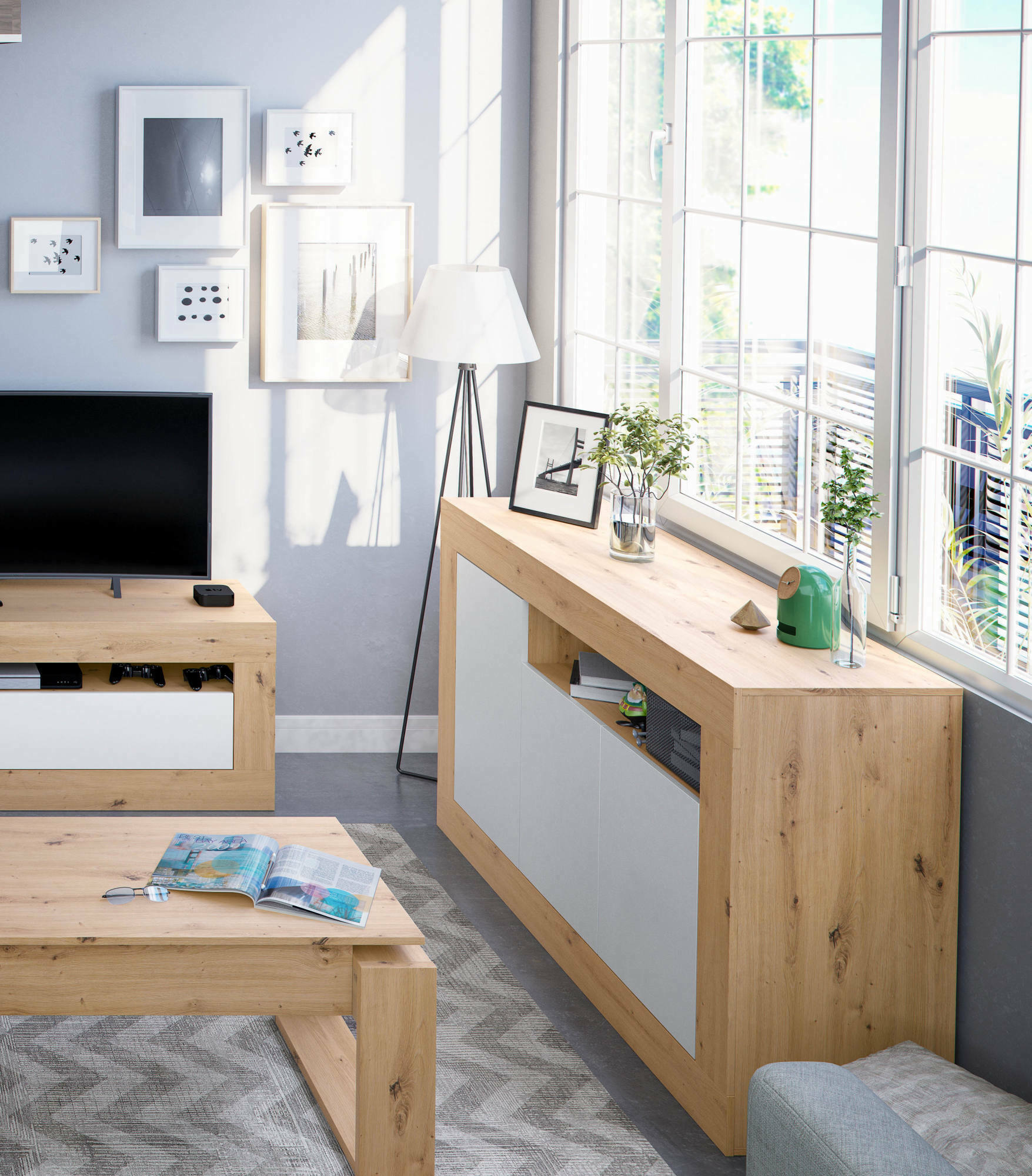 Credenza Ilizia, Madia moderna a 3 ante, Buffet da soggiorno porta TV, cm 144x42h87, Rovere nodi e Bianco
