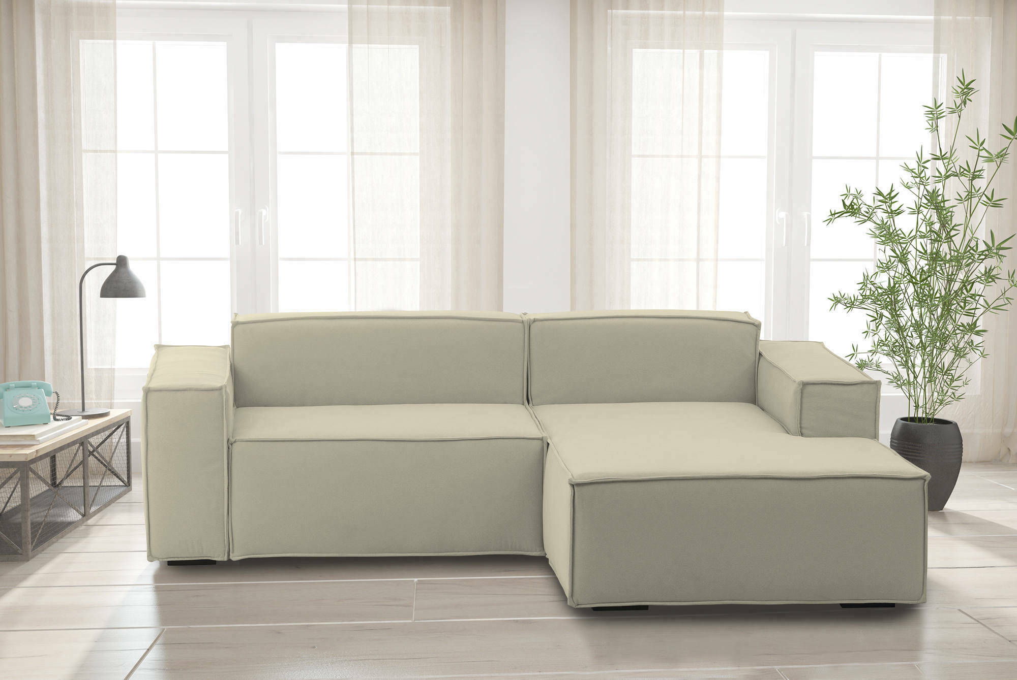 Divano fisso Ameli, Divano componibile a 2 posti large con penisola destra, Made in Italy, SofÃ  moderno in tessuto, Cm 240x170h70, Beige