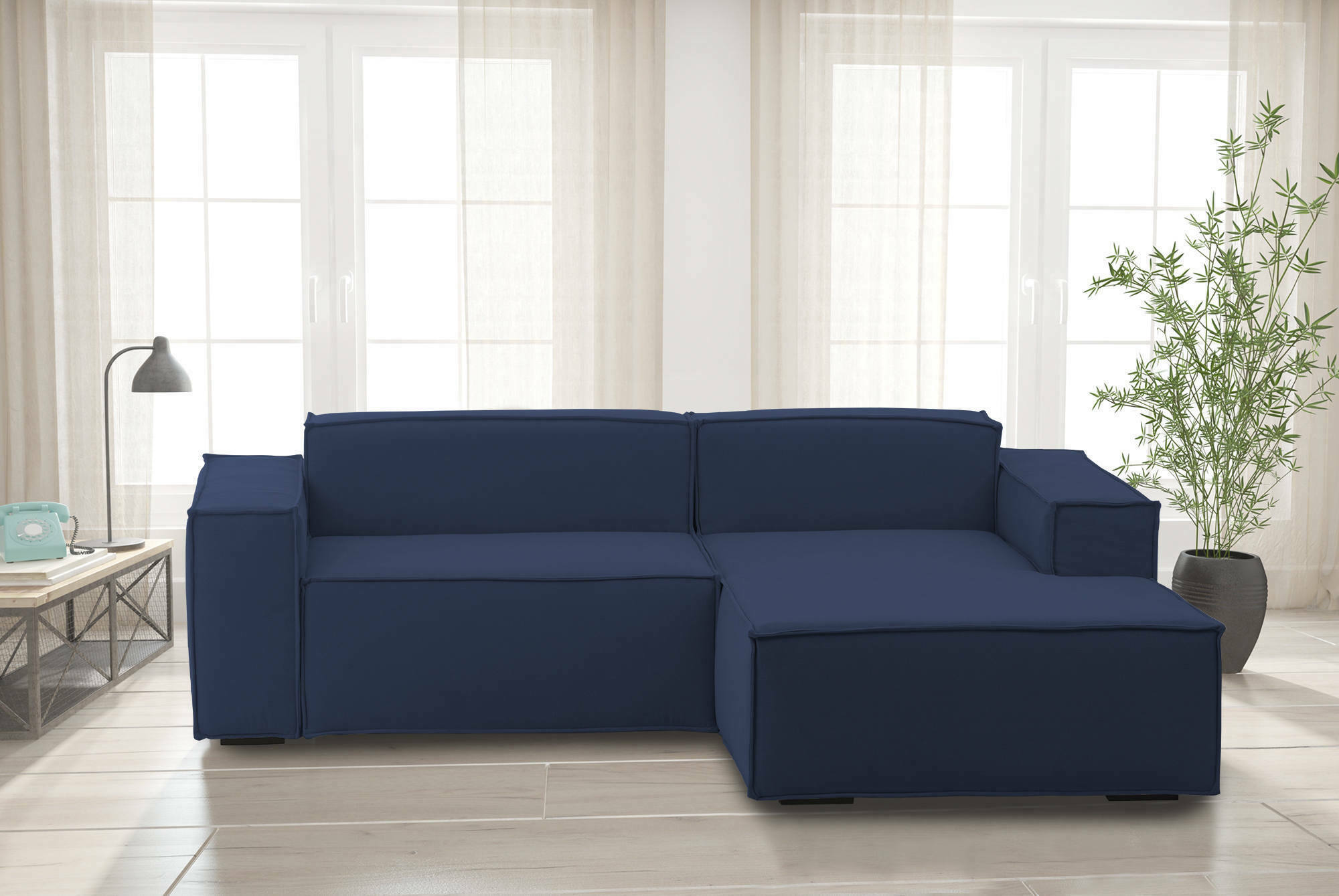 Divano fisso Ameli, Divano componibile a 2 posti large con penisola destra, Made in Italy, SofÃ  moderno in tessuto, Cm 240x170h70, Blu