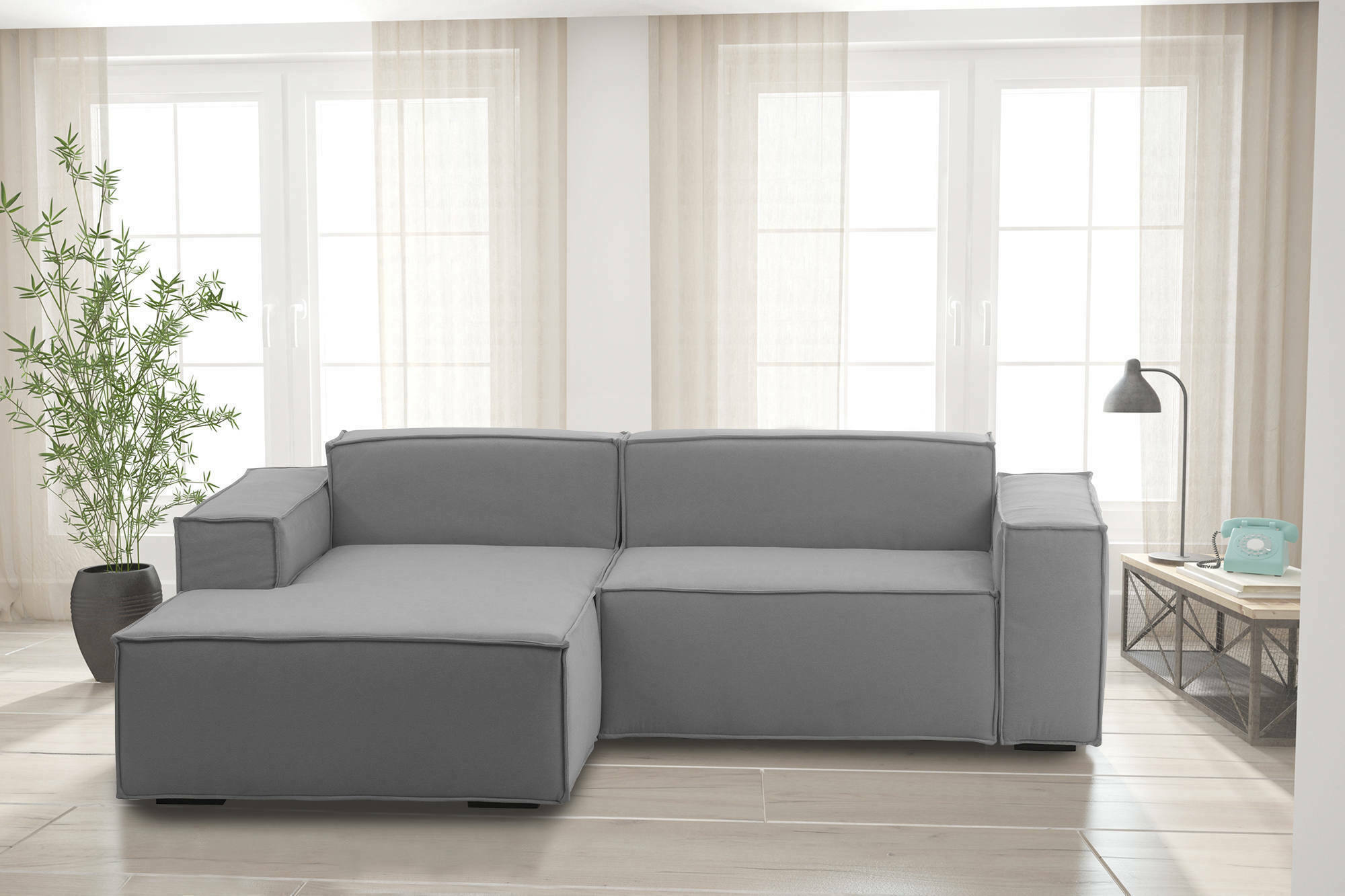Image of Divano fisso Alhoa, Divano componibile a 2 posti con penisola sinistra, Made in Italy, SofÃ  moderno in tessuto, Cm 220x170h70, Grigio