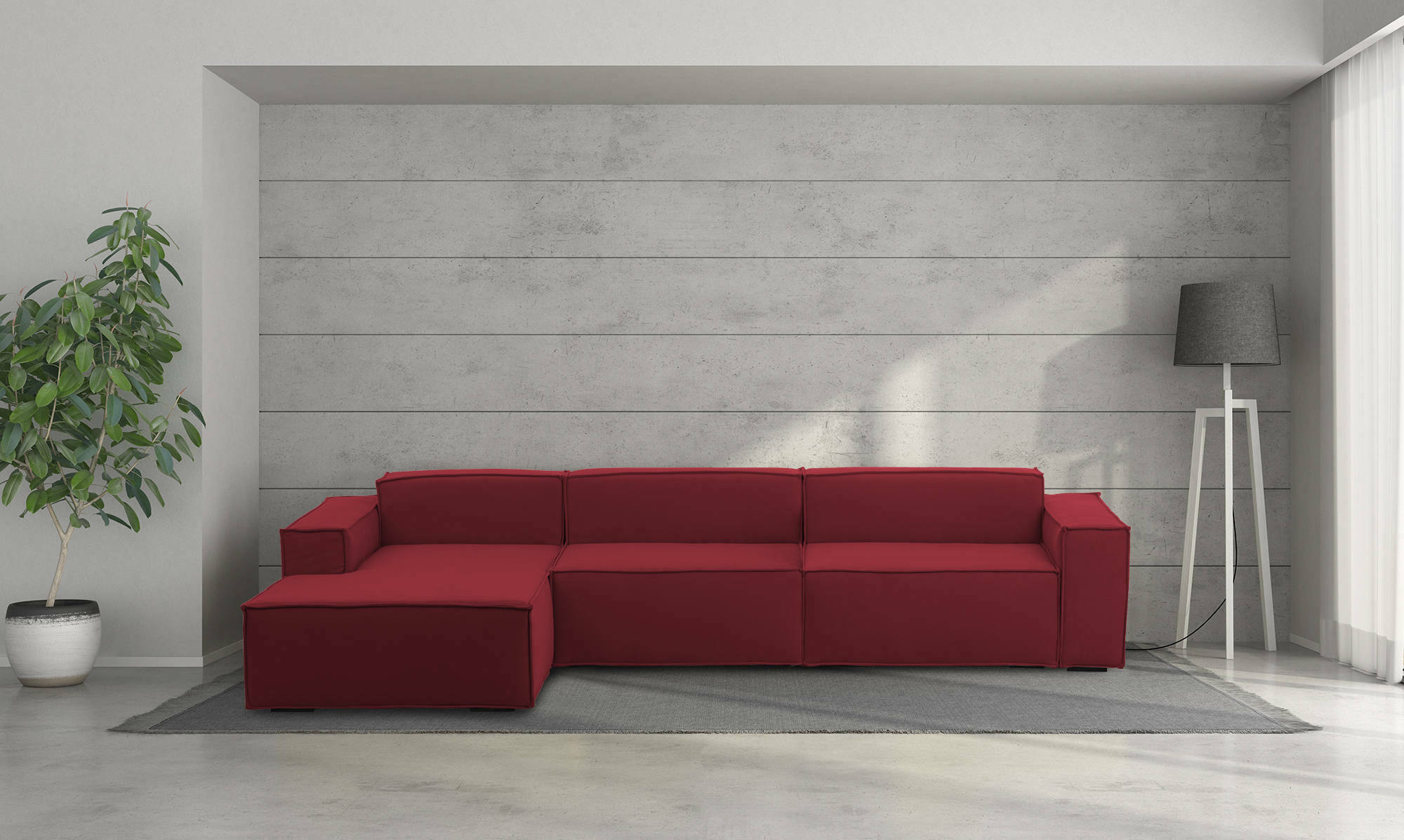 Divano fisso Atrillo, Divano componibile a 4 posti con penisola sinistra, Made in Italy, SofÃ  moderno in tessuto, Cm 340x170h70, Rosso