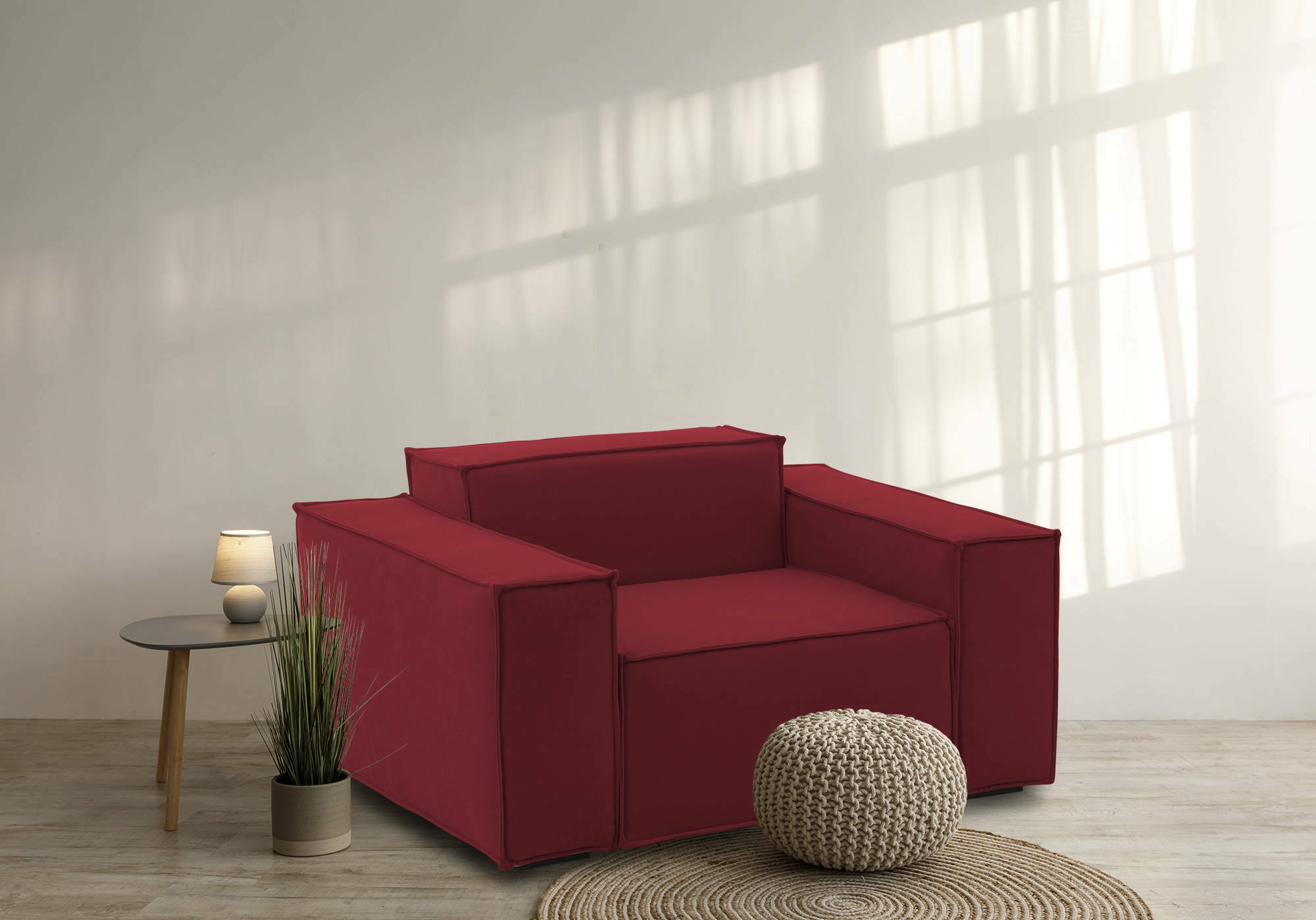 Poltrona Rodonite, Poltrona da salotto, 100% Made in Italy, Poltroncina relax in tessuto imbottito, Cm 160x95h70, Rosso