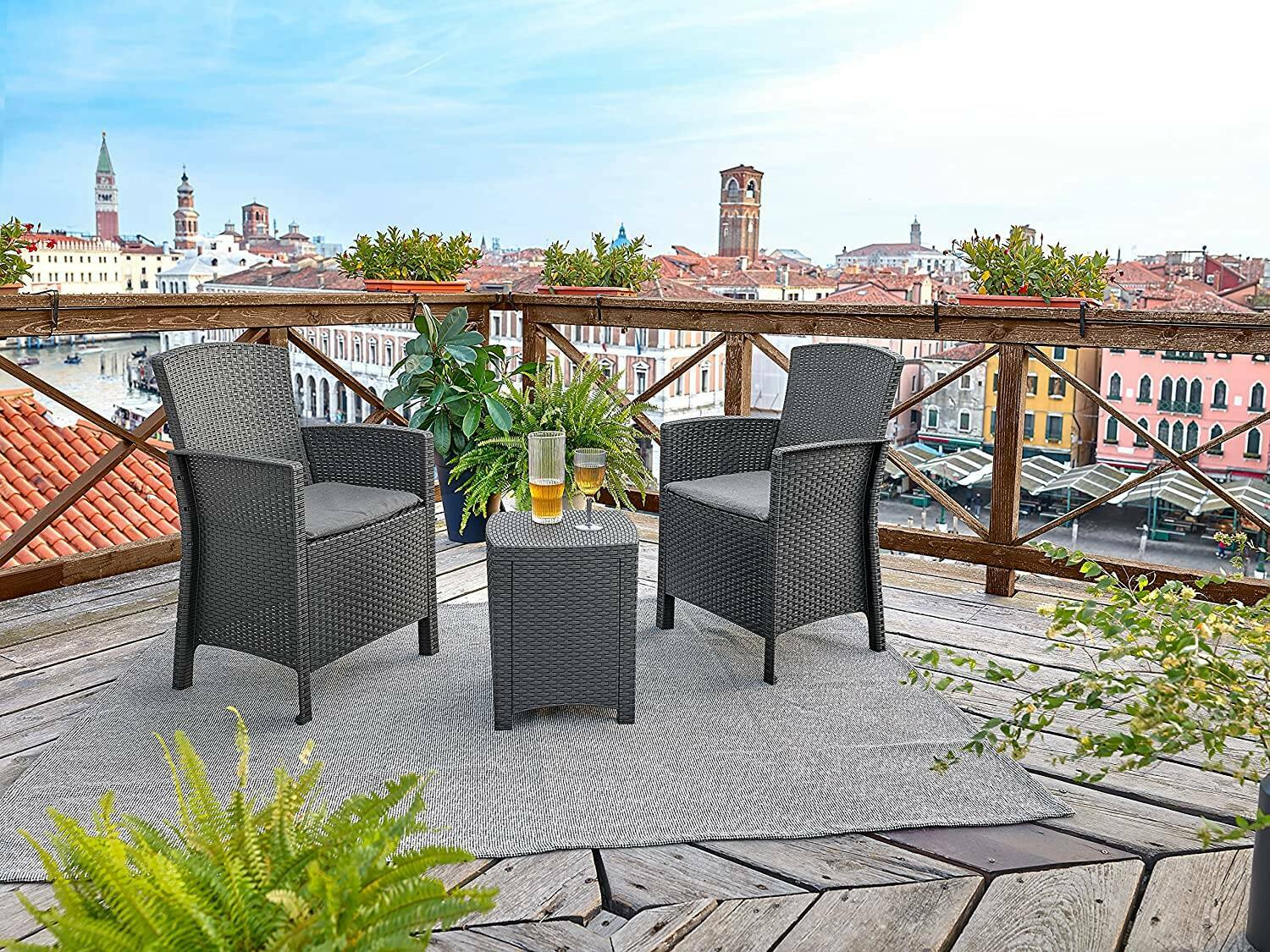 Salottino da esterno Armin, Set da giardino con cuscini, Salottino effetto rattan, 100% Made in Italy, Antracite