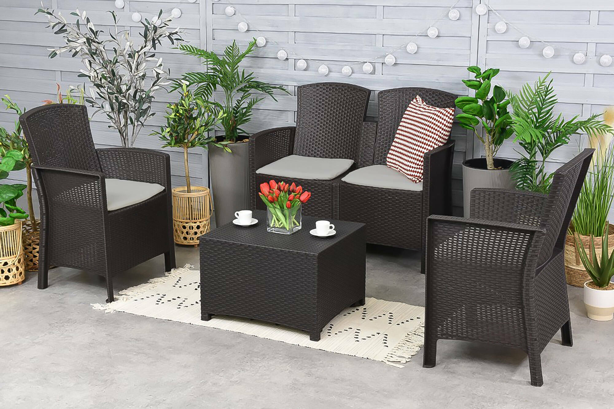 Salottino da esterno Asiak, Set da giardino con cuscini, Salottino effetto rattan, 100% Made in Italy, Antracite