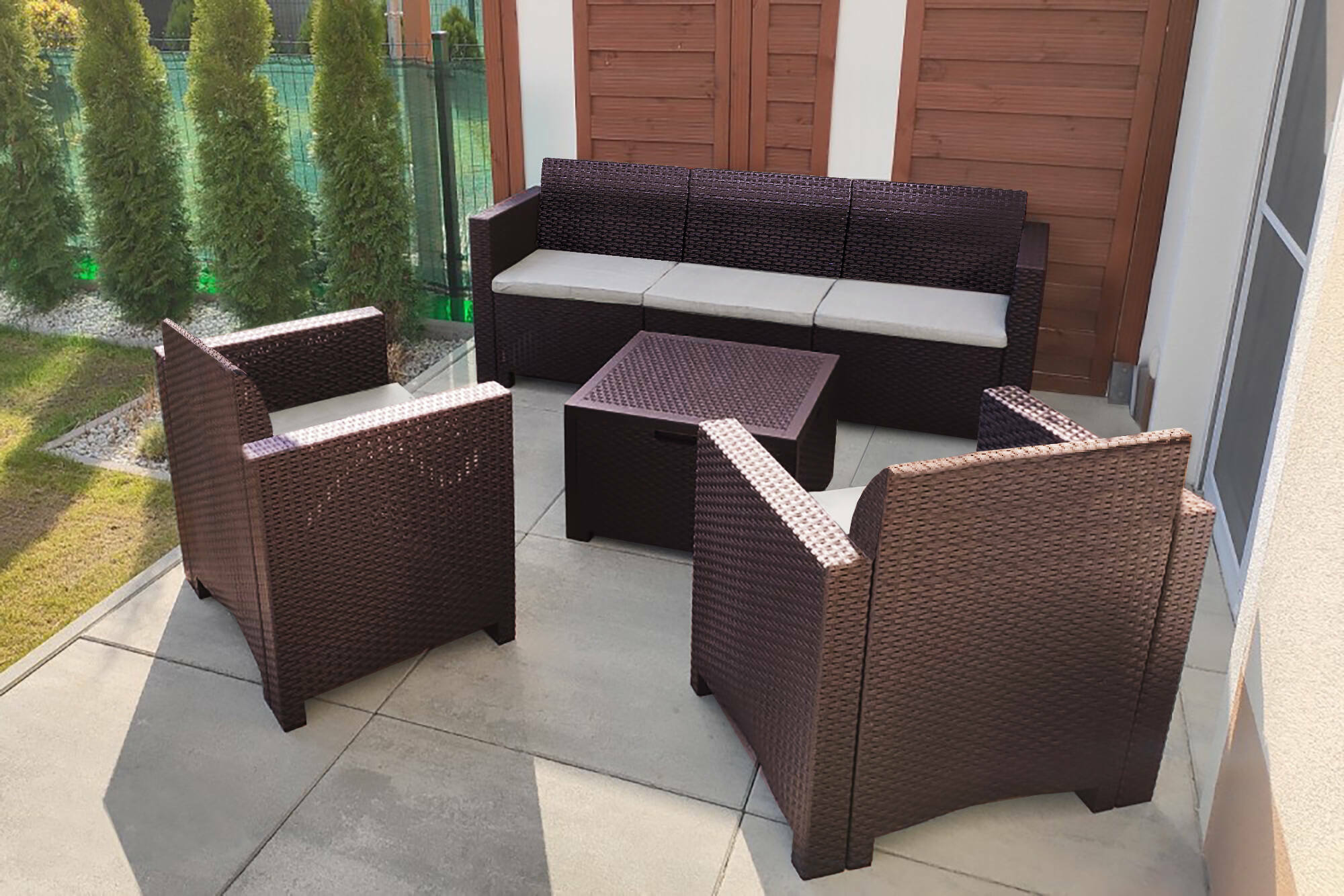 Salottino da esterno Admiral, Set da giardino con cuscini, Salottino effetto rattan, 100% Made in Italy, Marrone
