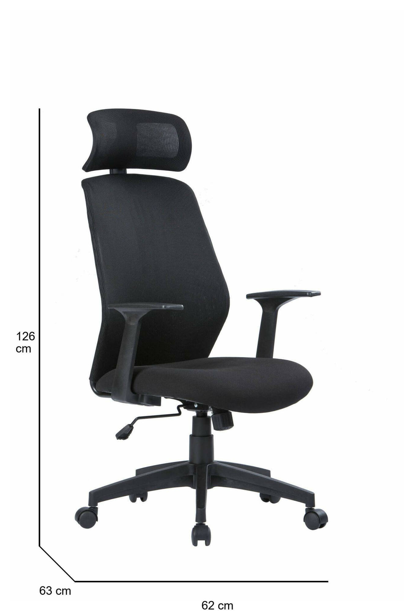 Sedia da ufficio Idro, Poltrona presidenziale con braccioli e poggiatesta, Sedia ergonomica da ufficio, 63x62h117/126 cm, Nero