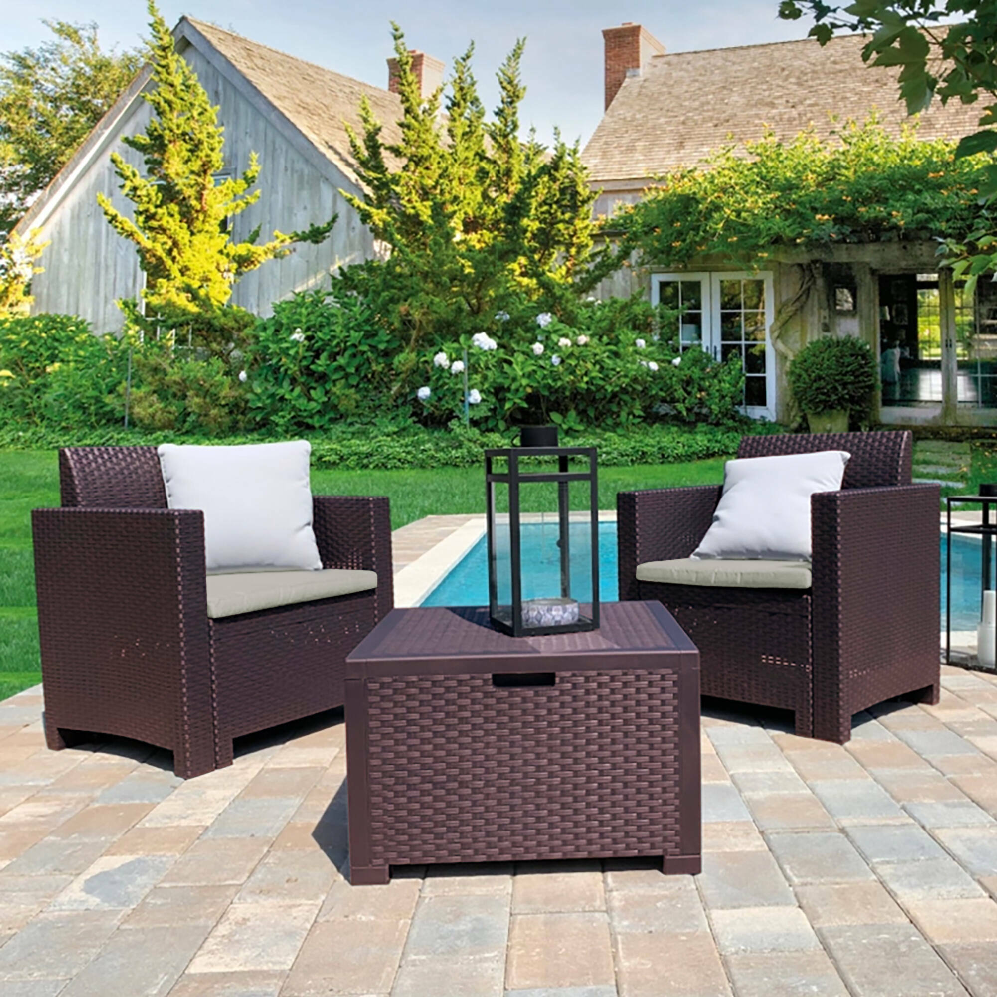 Salottino da esterno Apis, Set da giardino con cuscini, Salottino effetto rattan, 100% Made in Italy, Marrone