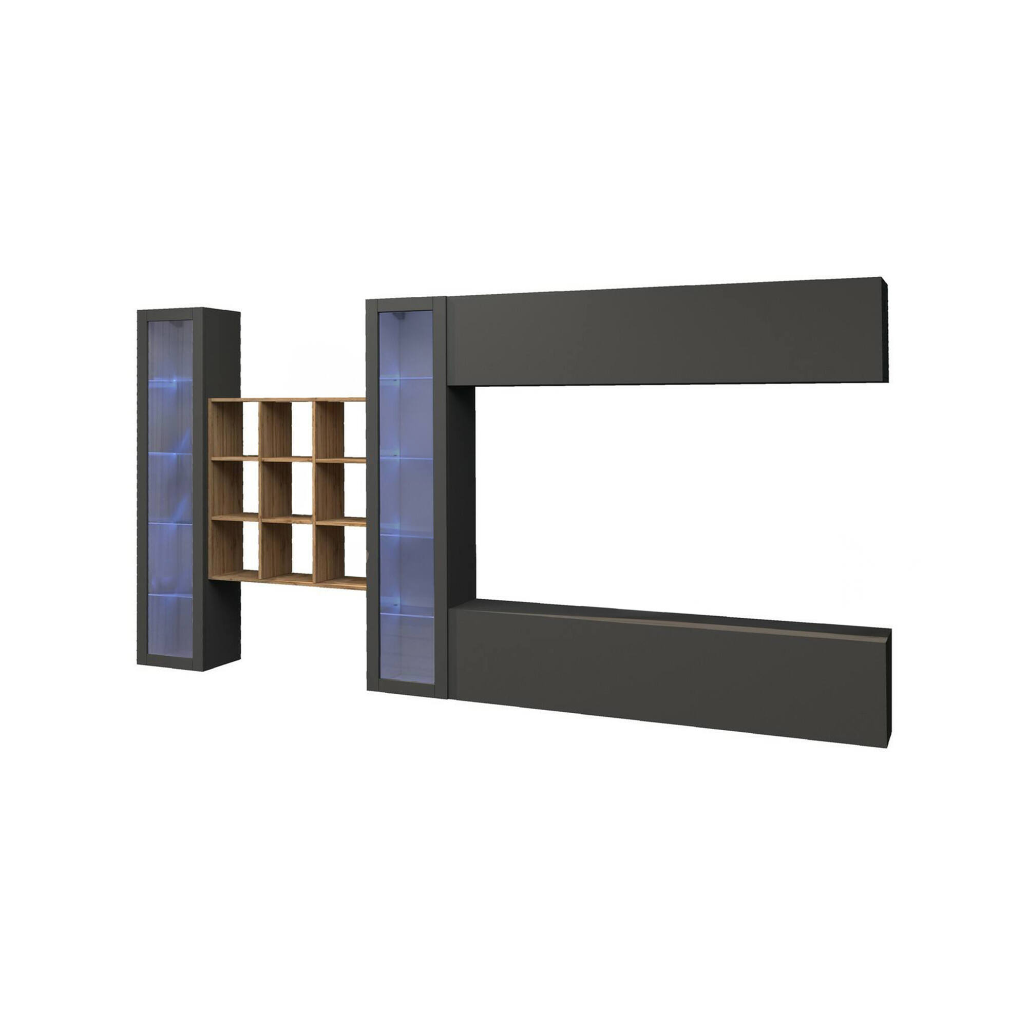 Parete attrezzata Avella, Set salotto porta TV a 4 ante, Mobile soggiorno multiuso con vetrina e luce LED, 100% Made in Italy, cm 350x30h180, Antracite
