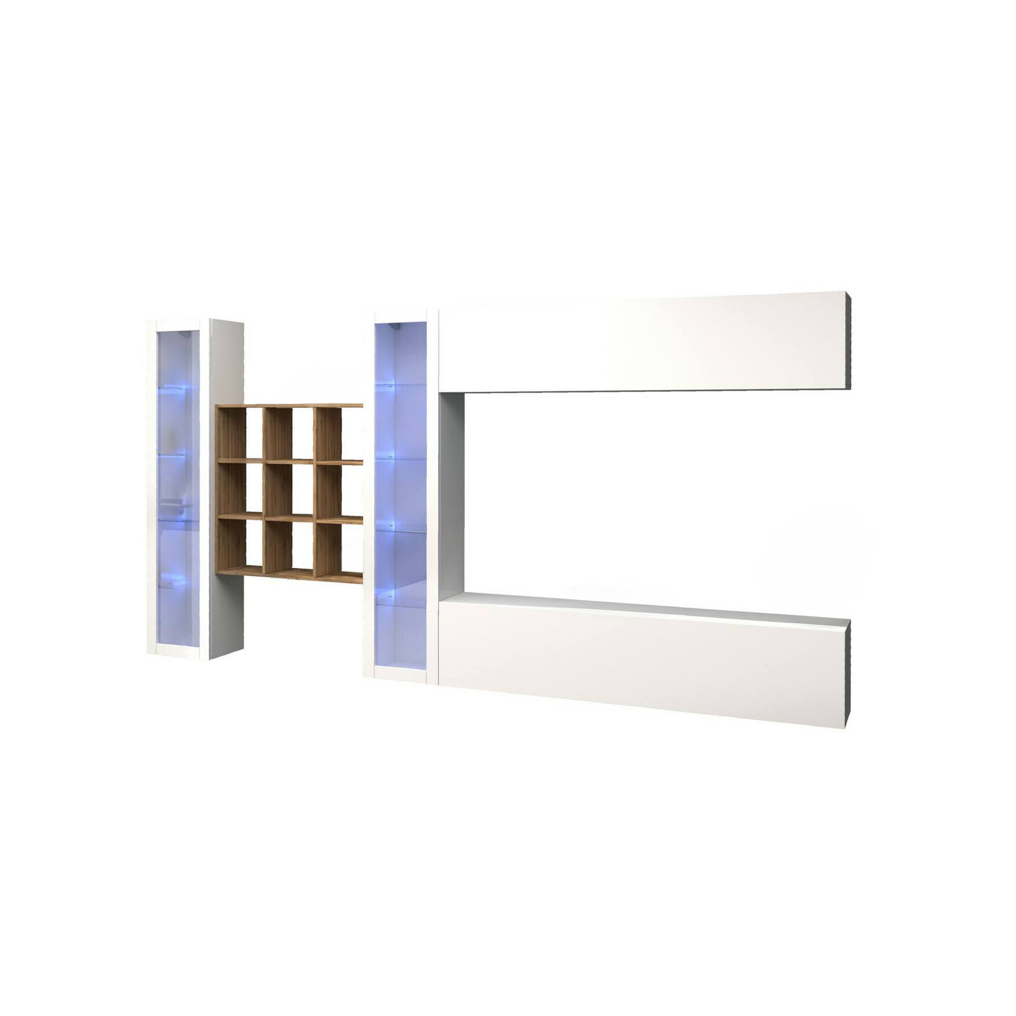 Parete attrezzata Avella, Set salotto porta TV a 4 ante, Mobile soggiorno multiuso con vetrina e luce LED, 100% Made in Italy, cm 350x30h180, Bianco lucido