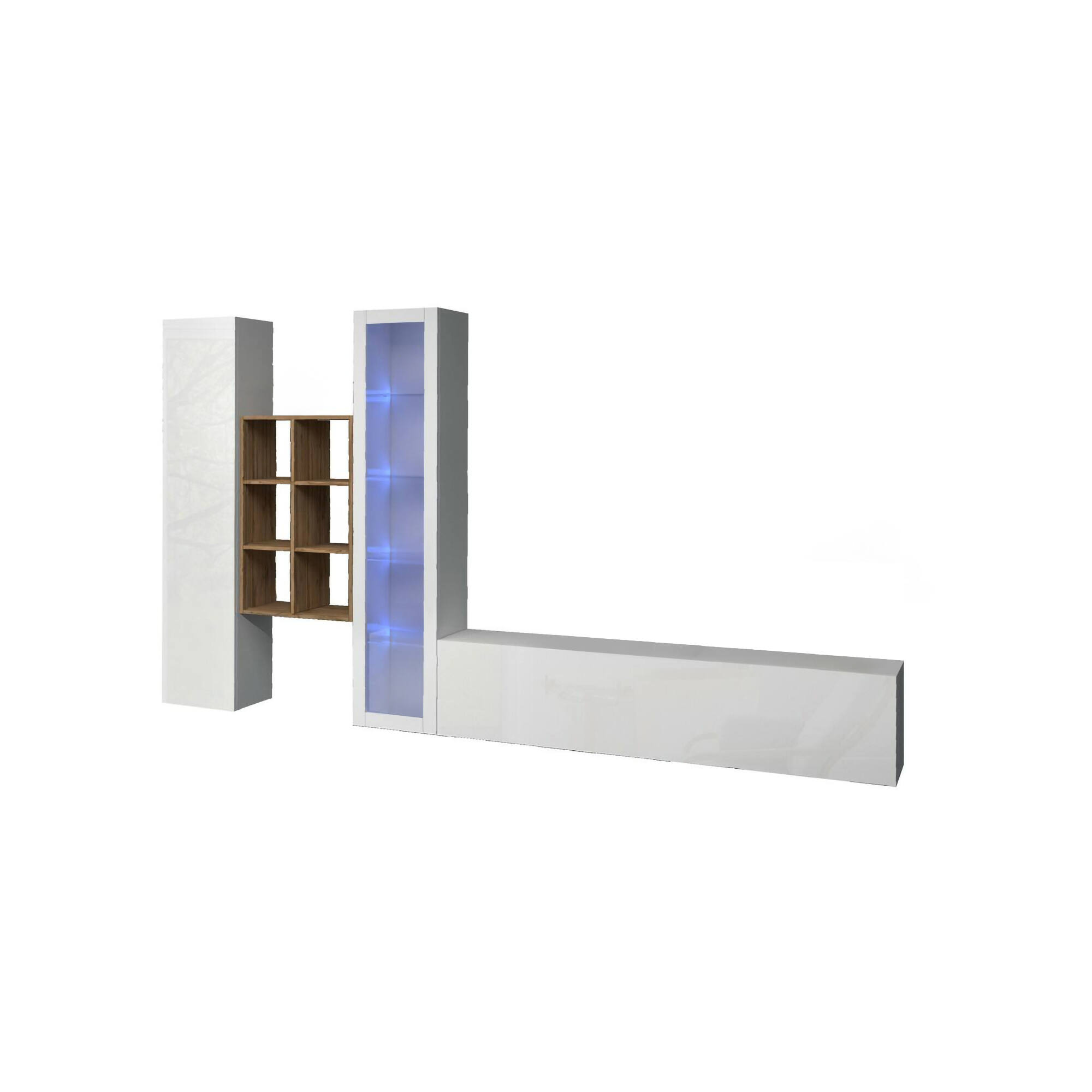 Parete attrezzata Ausonia, Set salotto porta TV a 3 ante, Mobile soggiorno multiuso con vetrina e luce LED, 100% Made in Italy, cm 320x30h180, Bianco lucido