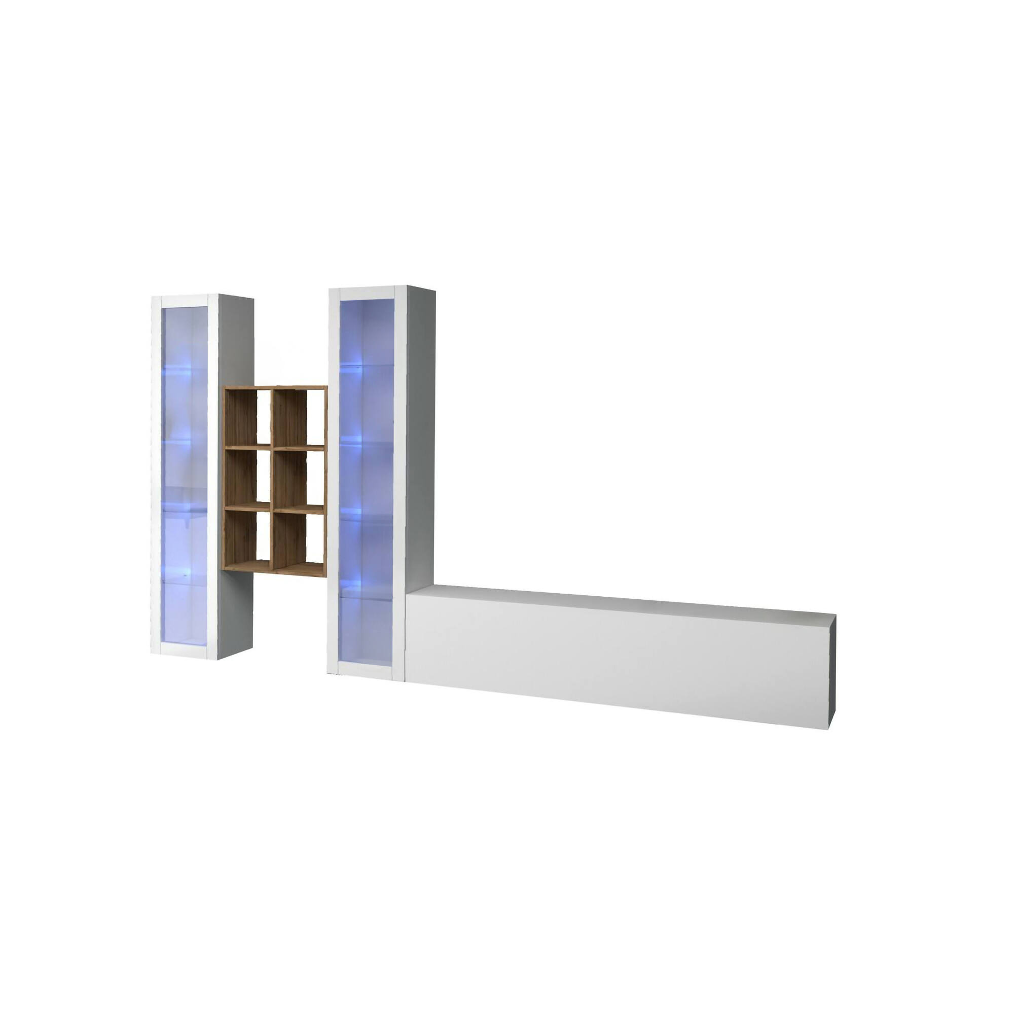 Parete attrezzata Lome, Set salotto porta TV a 3 ante, Mobile soggiorno multiuso con vetrina e luce LED, 100% Made in Italy, cm 320x30h180, Bianco lucido
