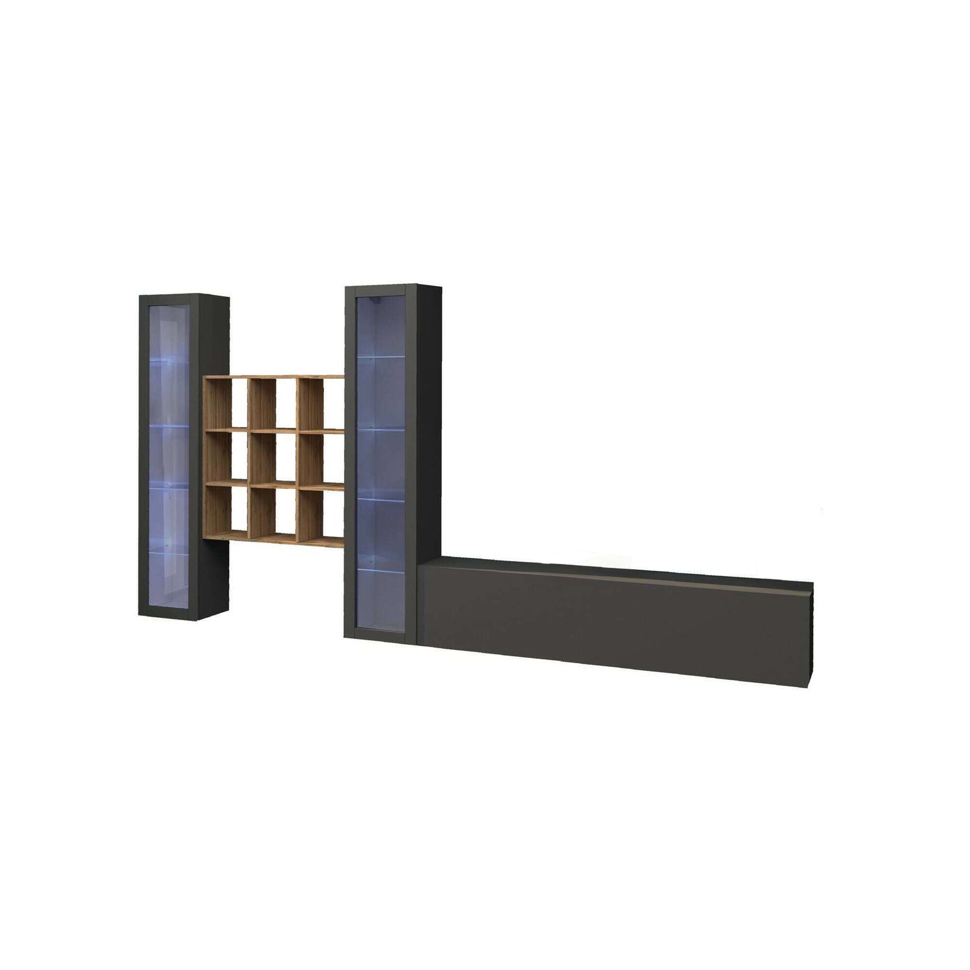 Parete attrezzata Atella, Set salotto porta TV a 3 ante, Mobile soggiorno multiuso con vetrina e luce LED, 100% Made in Italy, cm 350x30h180, Antracite e Acero