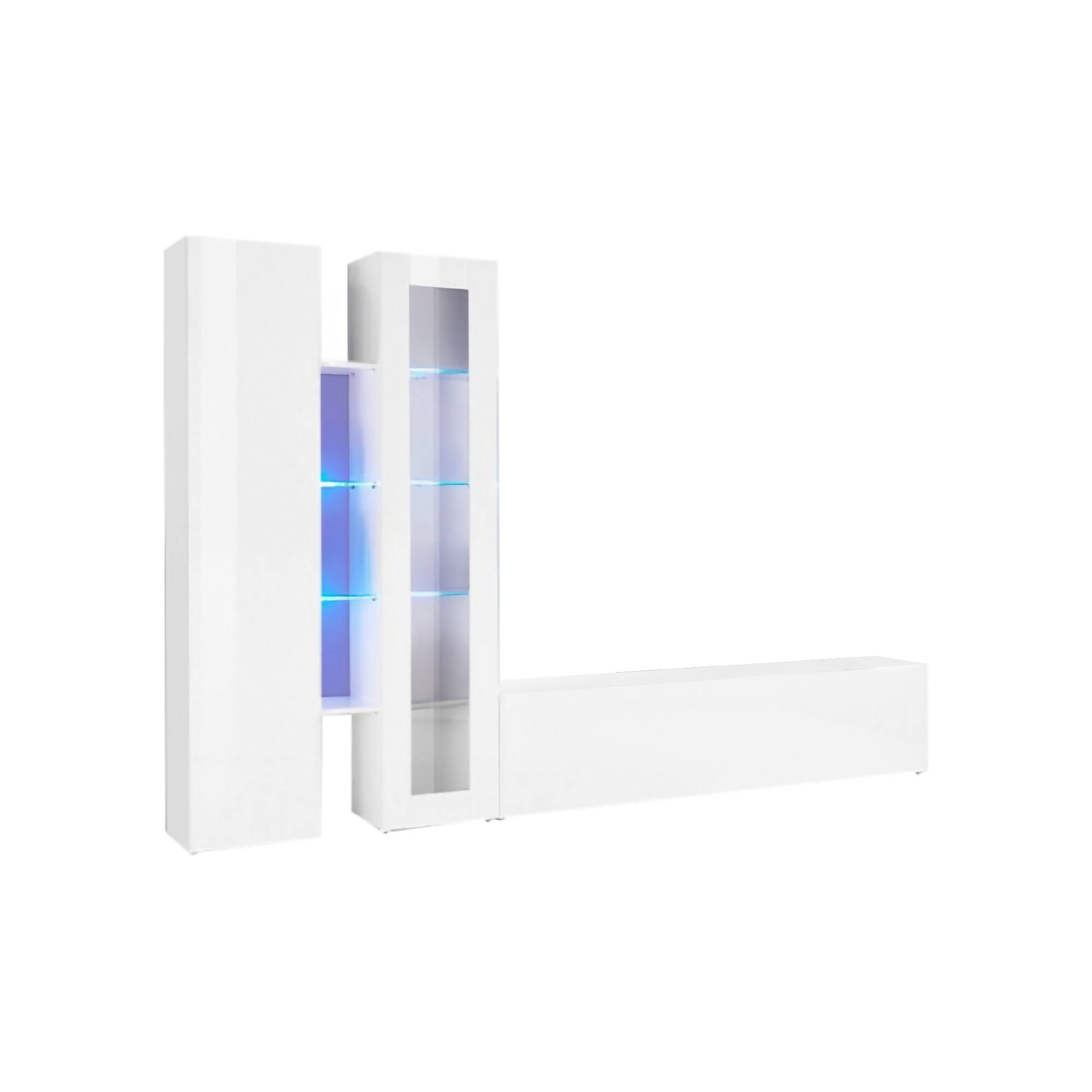 Parete attrezzata Arin, Set salotto porta TV a 3 ante, Mobile soggiorno multiuso con vetrina e luce LED, 100% Made in Italy, cm 280x30h180, Bianco lucido