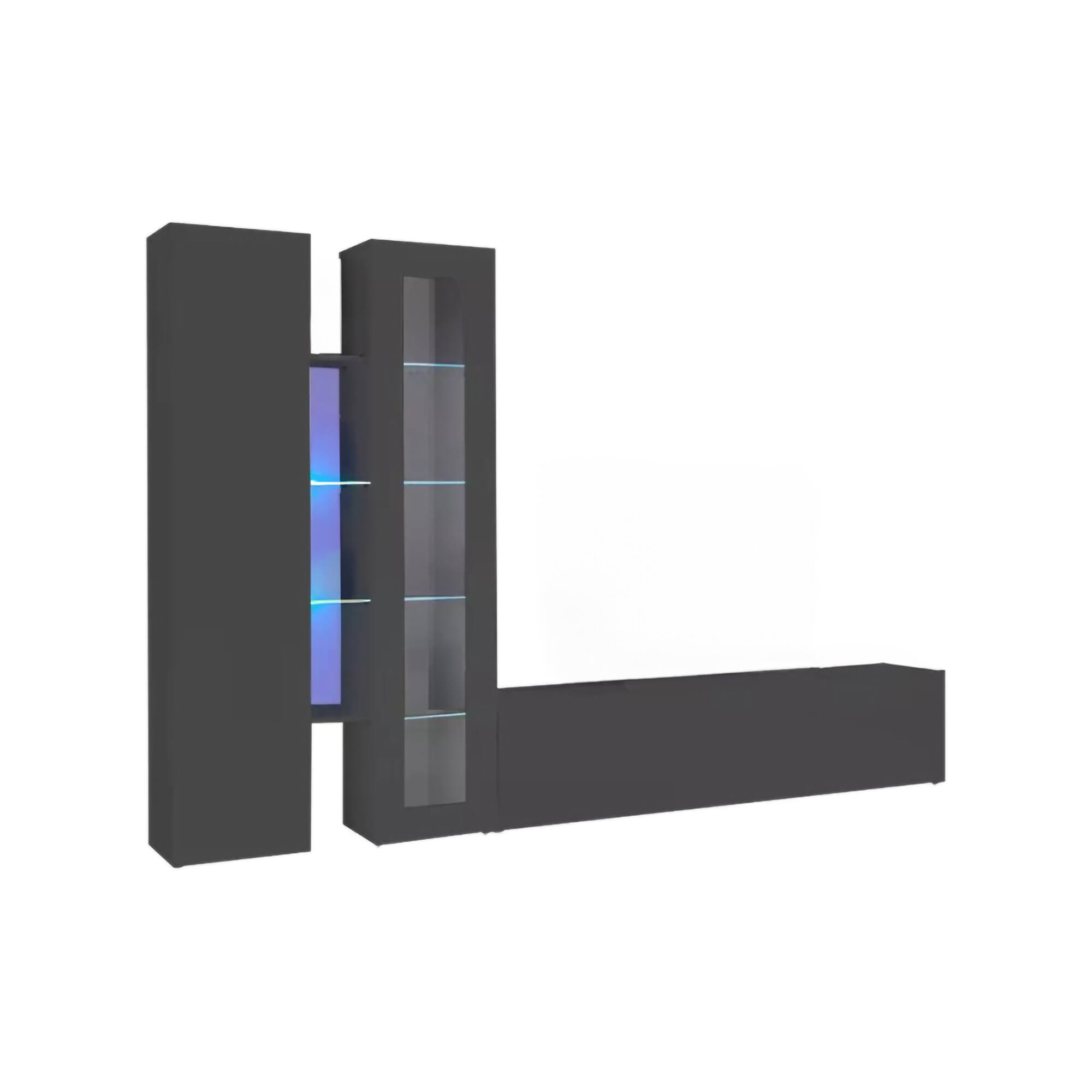 Parete attrezzata Arin, Set salotto porta TV a 3 ante, Mobile soggiorno multiuso con vetrina e luce LED, 100% Made in Italy, cm 280x30h180, Antracite