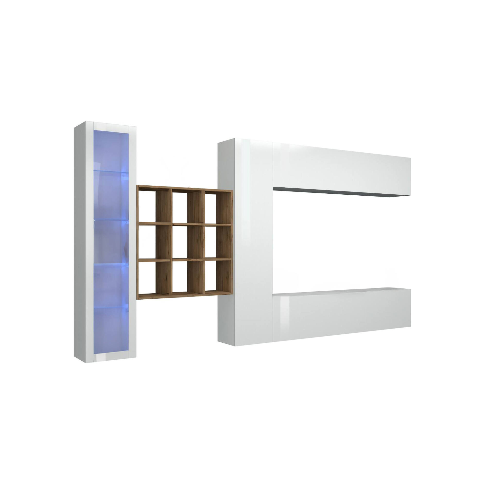 Parete attrezzata Avegno, Set salotto porta TV a 4 ante, Mobile soggiorno multiuso con vetrina e luce LED, 100% Made in Italy, cm 310x30h180, Bianco lucido e Acero