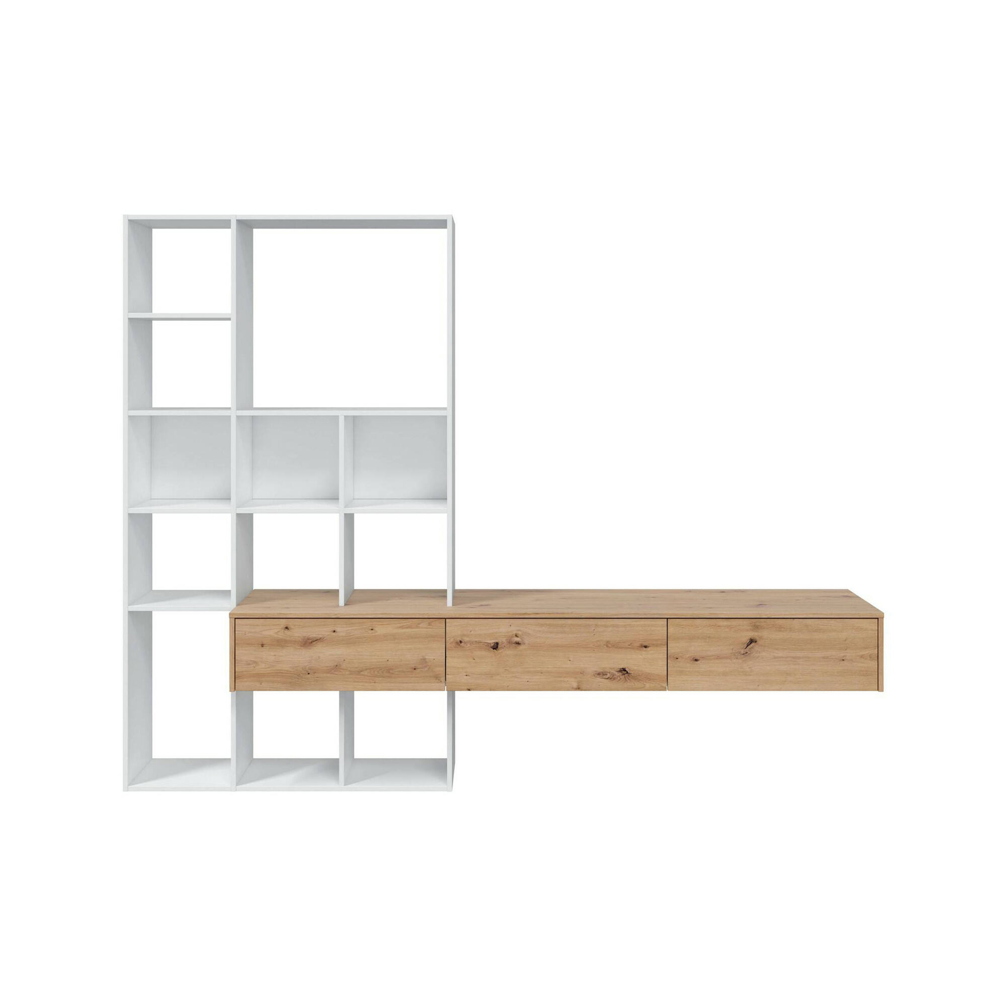 Parete attrezzata Bellusco, Set da soggiorno con 3 cassetti, Libreria salotto multiuso, 226x28h173 cm, Bianco e Rovere Nodi