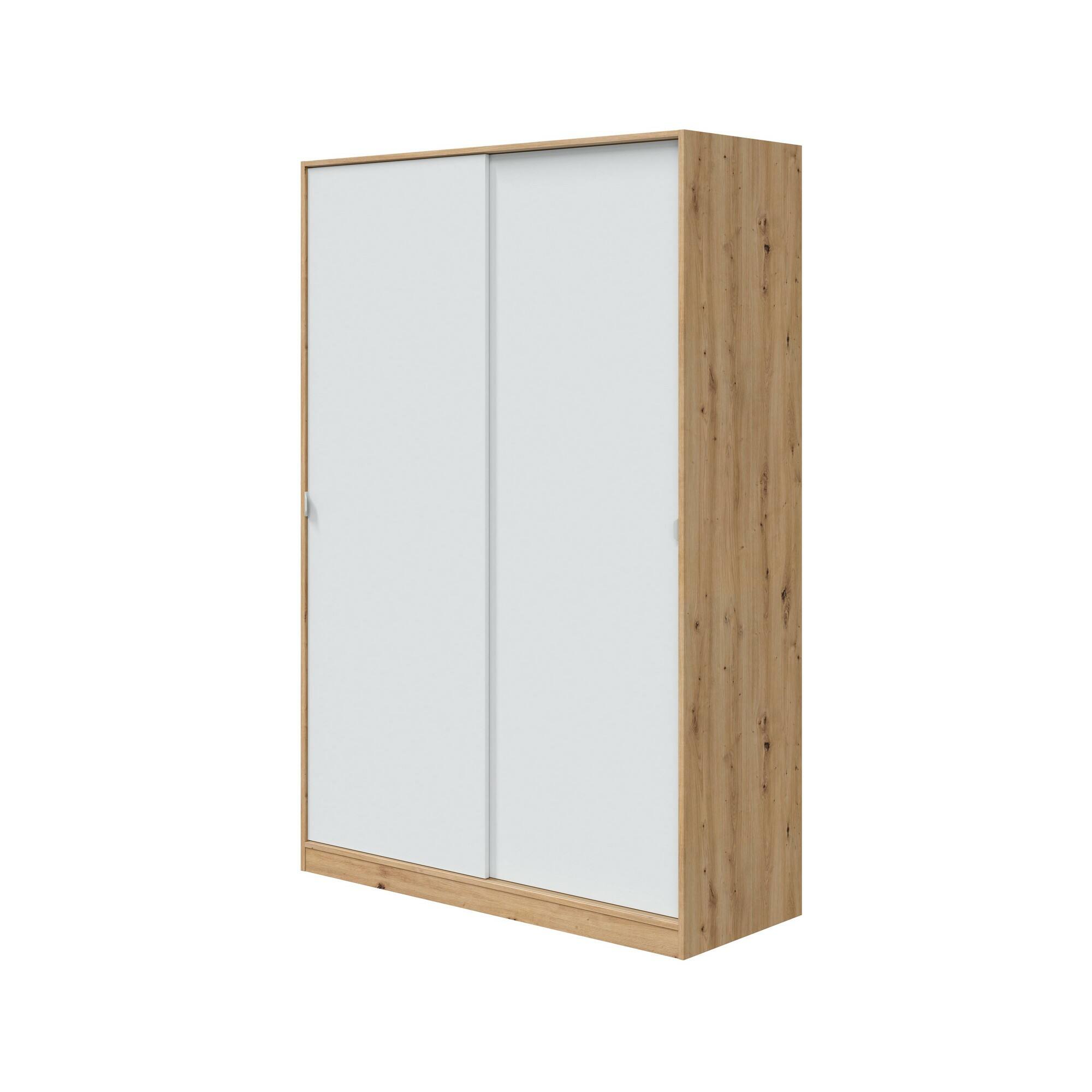 Image of Guardaroba Adrenalin, Armadio per camera da letto a 2 ante scorrevoli, Mobile con 3 ripiani e barra appendiabiti, 120x50h200 cm, Bianco e Rovere Nodi