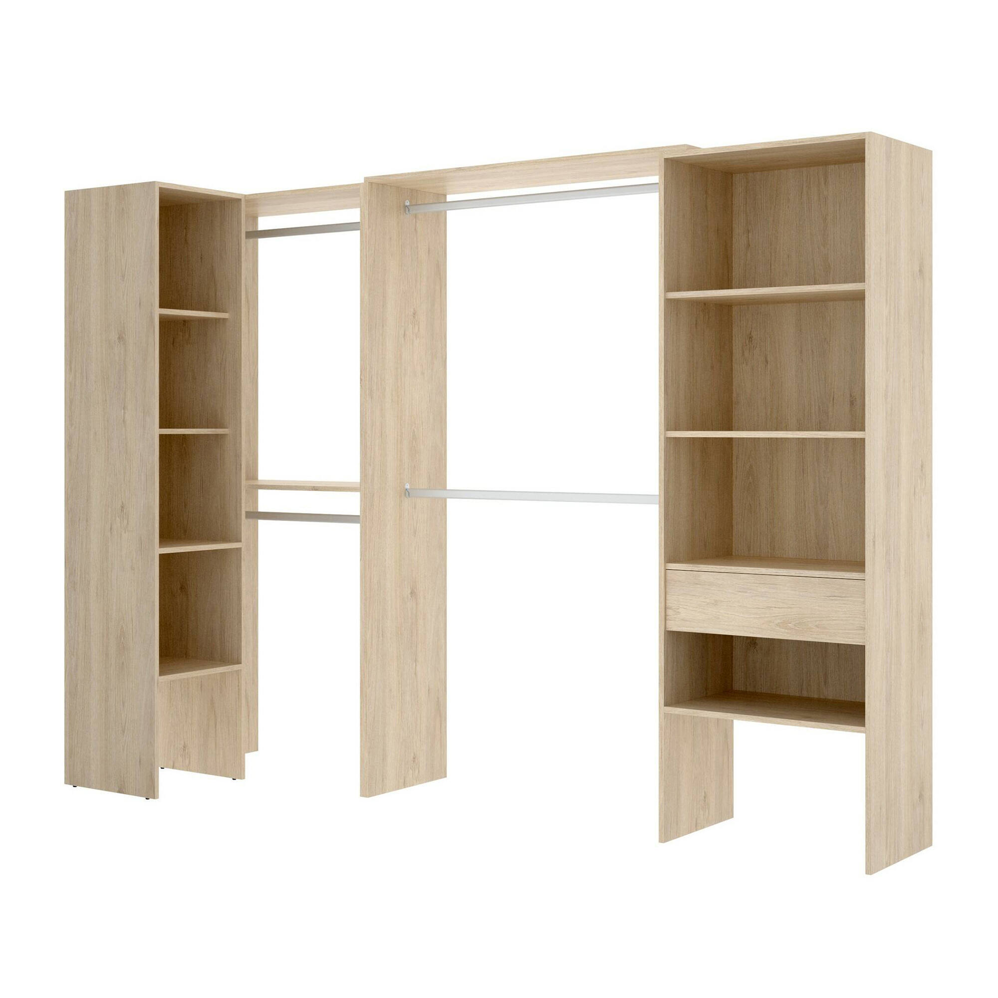 Guardaroba Florita, Struttura per cabina armadio angolare, Mobile appendiabiti aperto ad angolo, 248x79h187 cm, Rovere