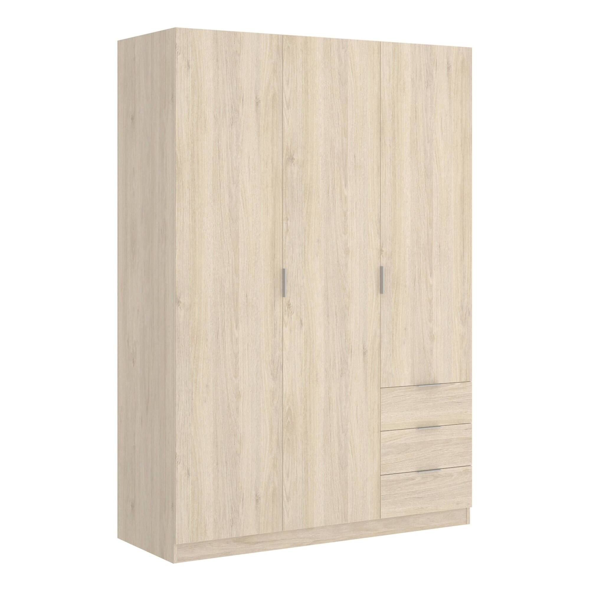 Guardaroba Astru, Mobile appendiabiti per camera da letto, Armadio a 3 ante battenti e 3 cassetti, 121x52h184 cm, Rovere