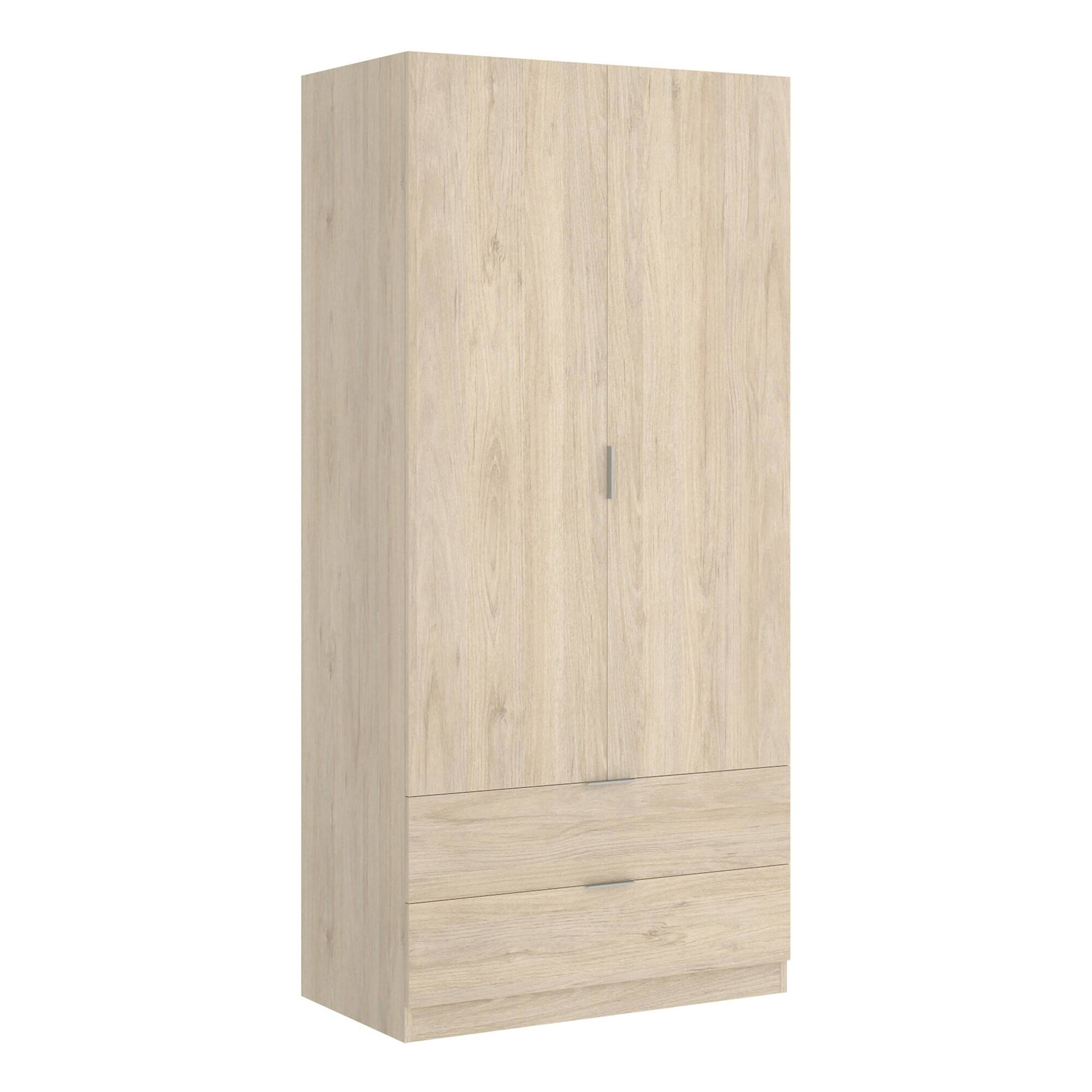 Guardaroba Anya, Mobile appendiabiti per camera da letto, Armadio a 2 ante battenti e 2 cassetti, 81x52h184 cm, Rovere