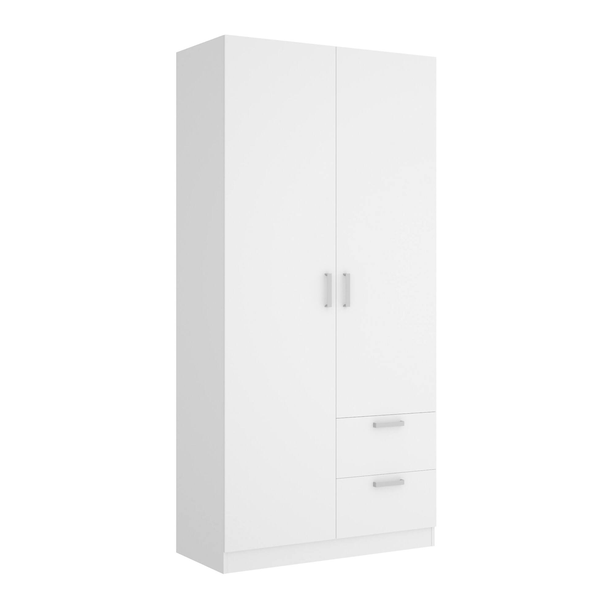 Guardaroba Amp, Mobile appendiabiti per camera da letto, Armadio a 2 ante battenti e 2 cassetti, 100x52h215 cm, Bianco