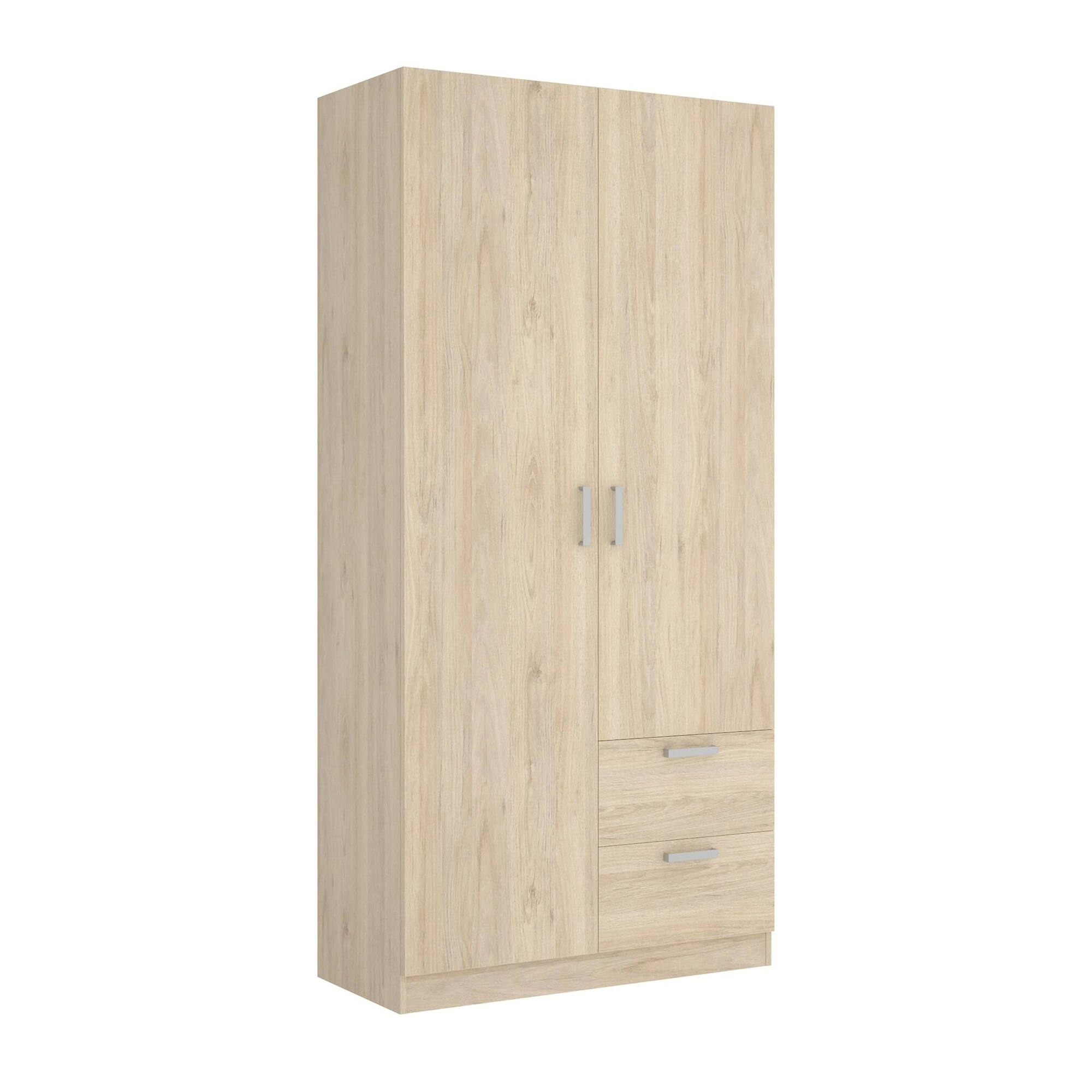 Guardaroba Amp, Mobile appendiabiti per camera da letto, Armadio a 2 ante battenti e 2 cassetti, 100x52h215 cm, Rovere