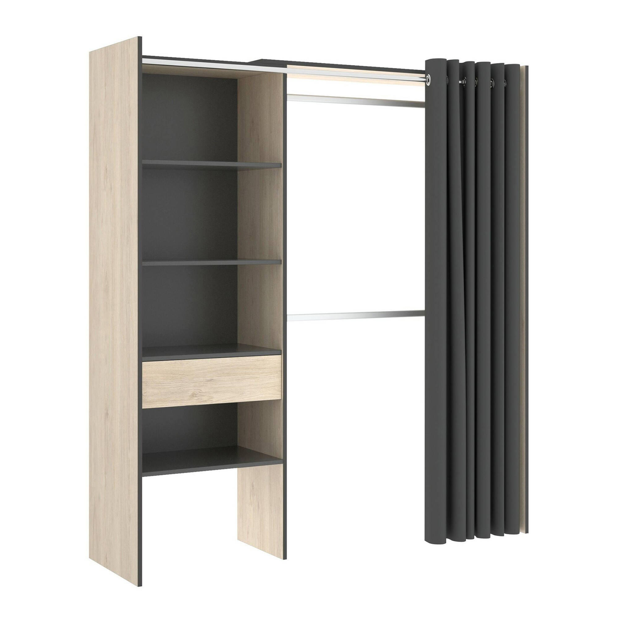 Guardaroba Arim, Struttura per cabina armadio con tenda, Mobile appendiabiti aperto, 160x50h205 cm, Rovere e Antracite