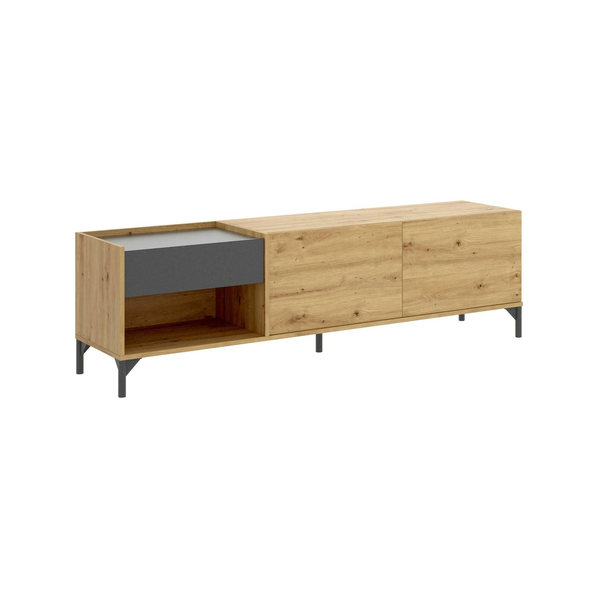 Mobile porta TV Aras, Credenza bassa da soggiorno, Madia da salotto per televisione, 164x39h49 cm, Rovere Nodi e Antracite