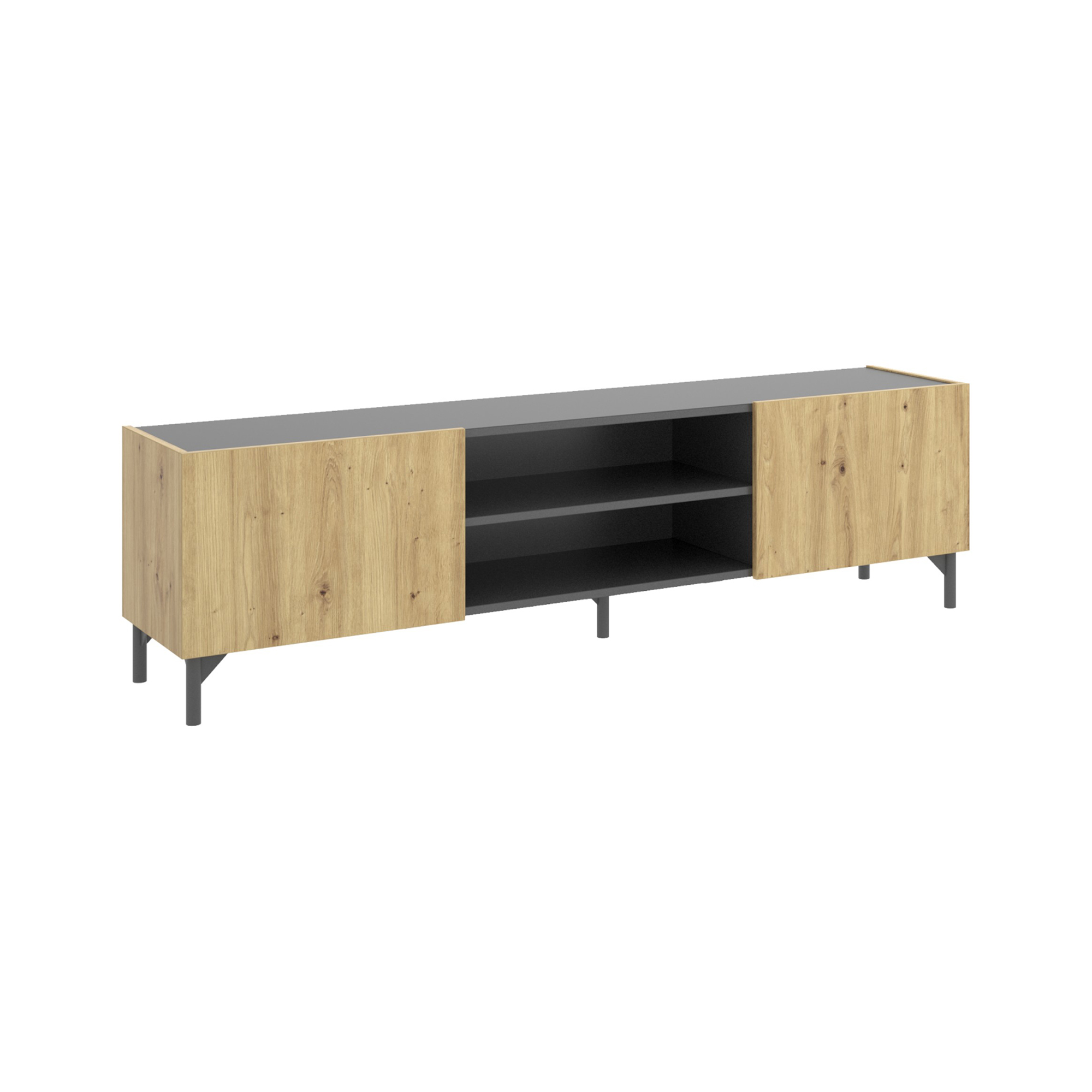 Mobile porta TV Arya, Credenza bassa da soggiorno, Madia da salotto per televisione, 161x35h45 cm, Rovere Nodi e Antracite