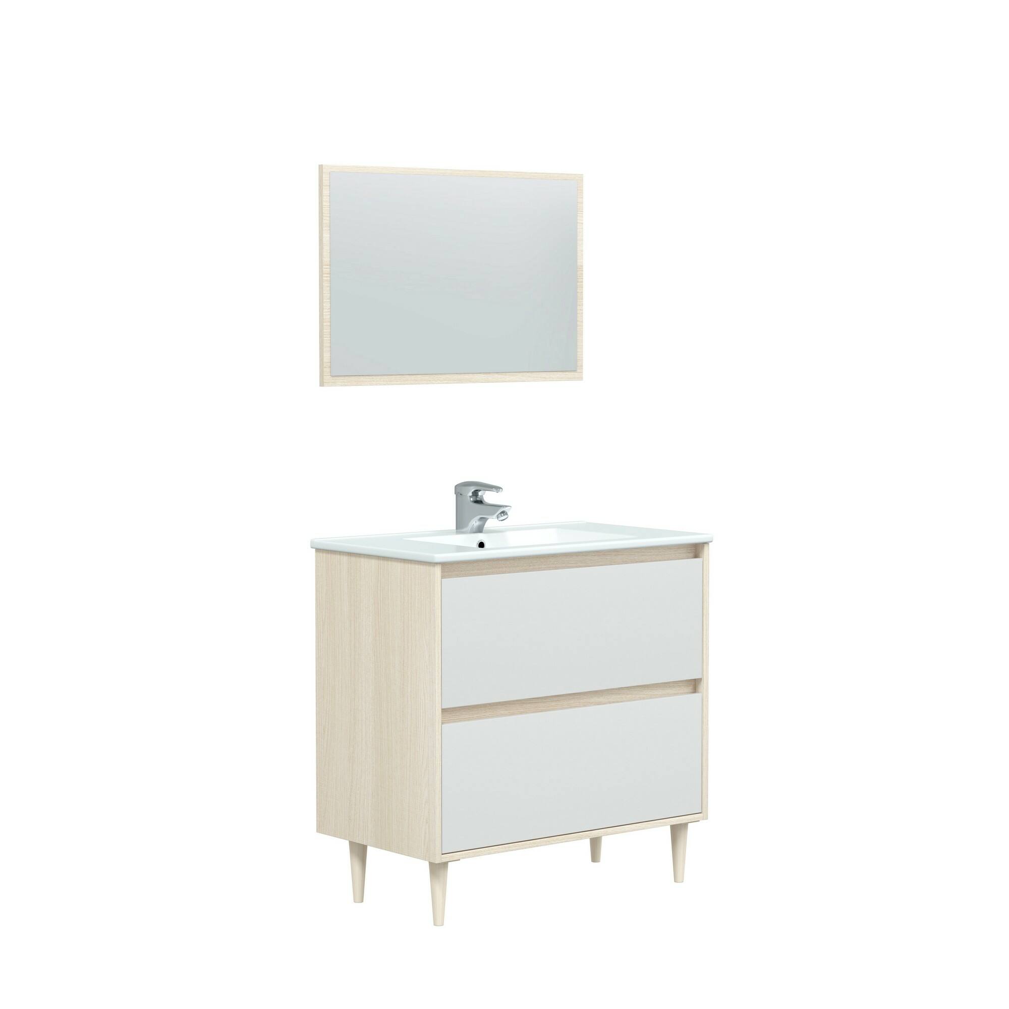 Mobile sottolavabo Berillo, Sotto lavabo bagno, Mobiletto da bagno con specchio, Lavabo non incluso, 80x45h80 cm, Bianco lucido e Rovere
